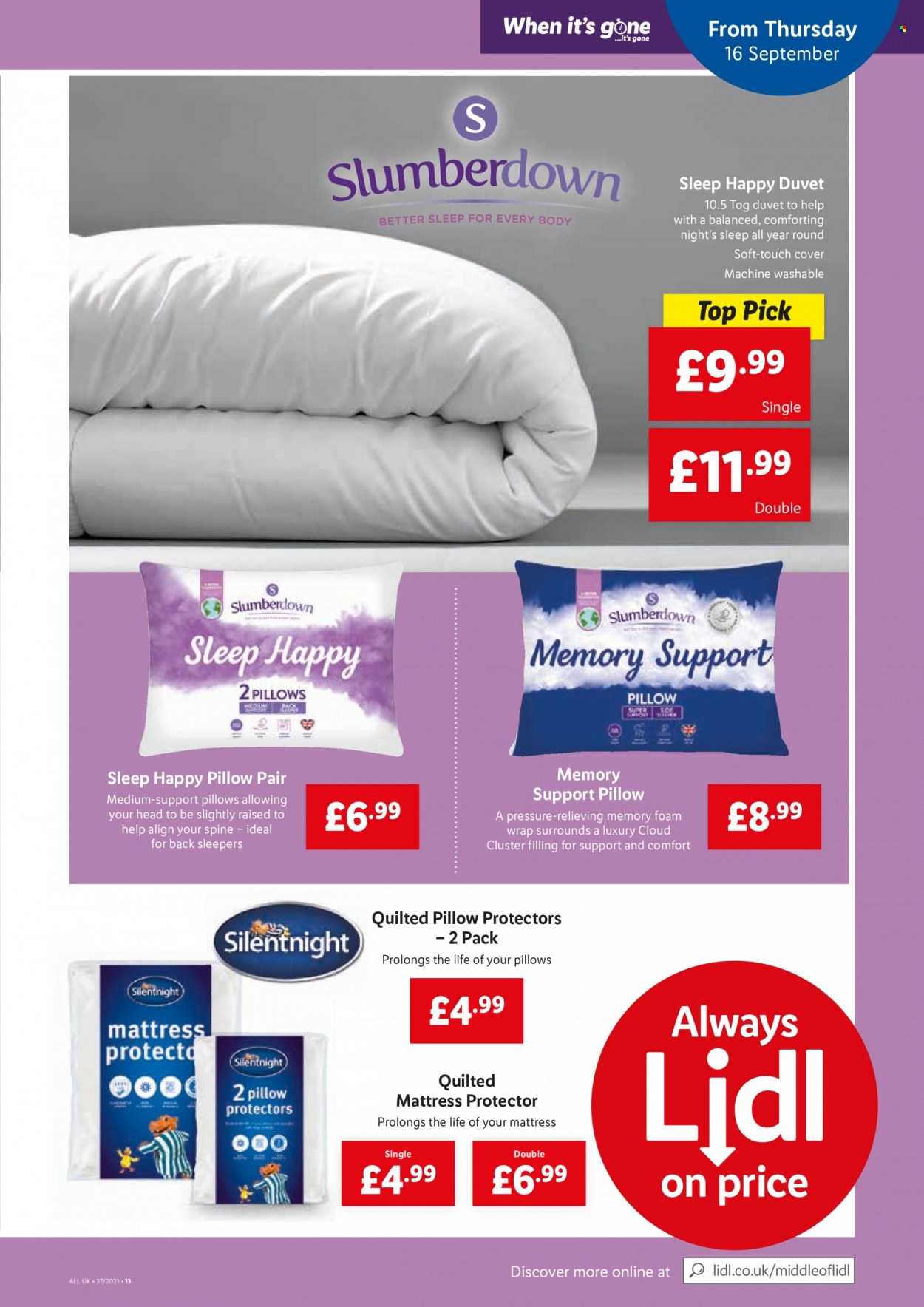 thumbnail - Lidl offer  - 16/09/2021 - 22/09/2021 - Sales products - mattress, mattress protector, duvet, pillow. Page 13.