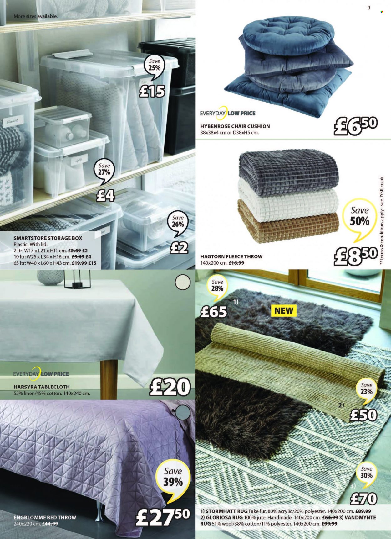 thumbnail - JYSK offer  - 09/09/2021 - 22/09/2021 - Sales products - storage box, chair, cushion, tablecloth, linens, fleece throw, rug. Page 9.