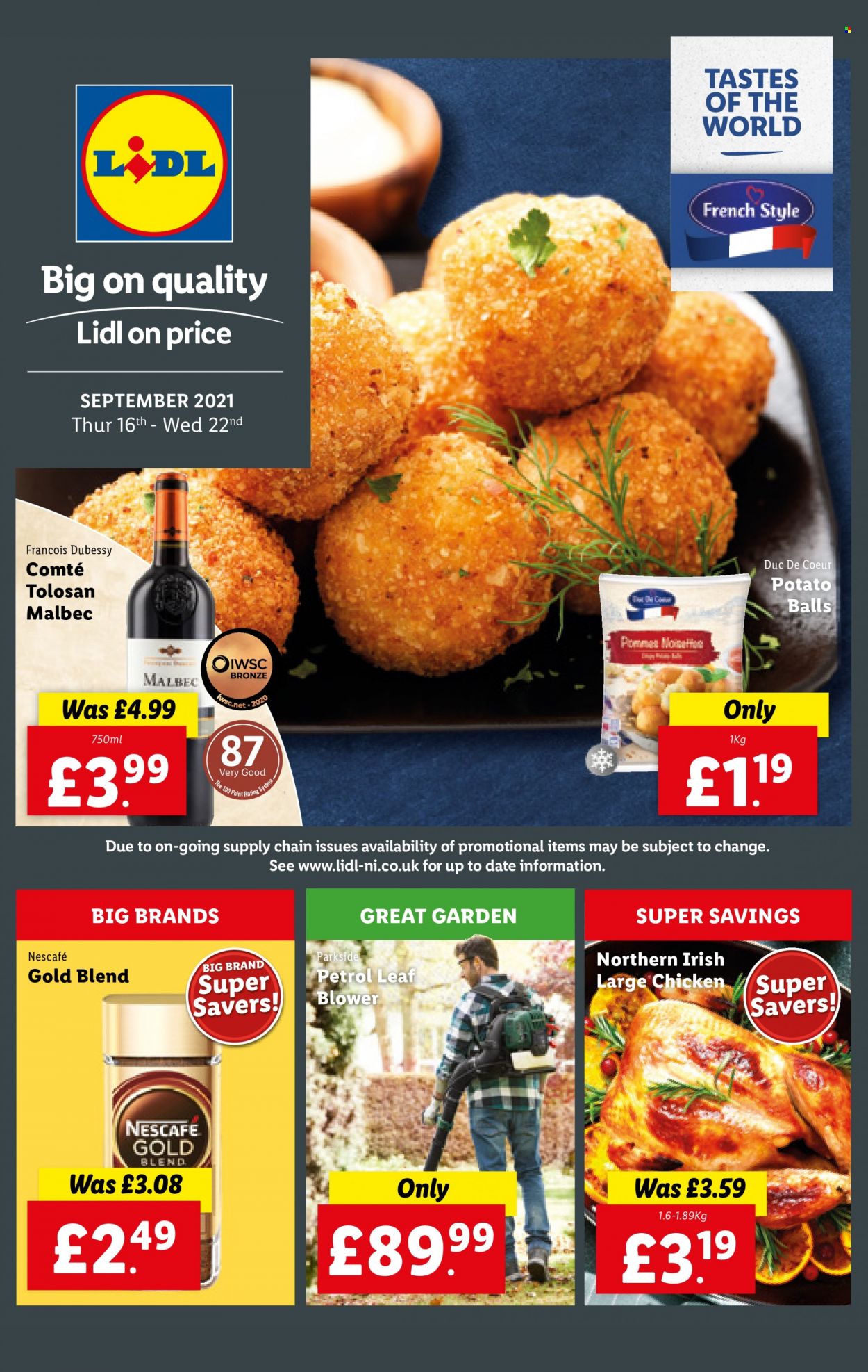 thumbnail - Lidl offer  - 16/09/2021 - 22/09/2021 - Sales products - Nescafé, red wine, wine, leaf blower, Parkside, blower. Page 1.