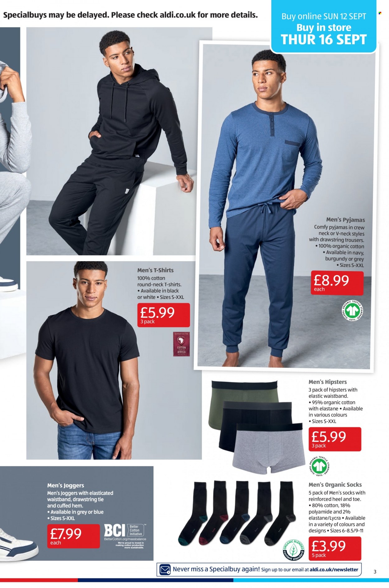thumbnail - Aldi offer  - 12/09/2021 - 19/09/2021 - Sales products - trousers, t-shirt, pajamas, joggers, socks. Page 3.