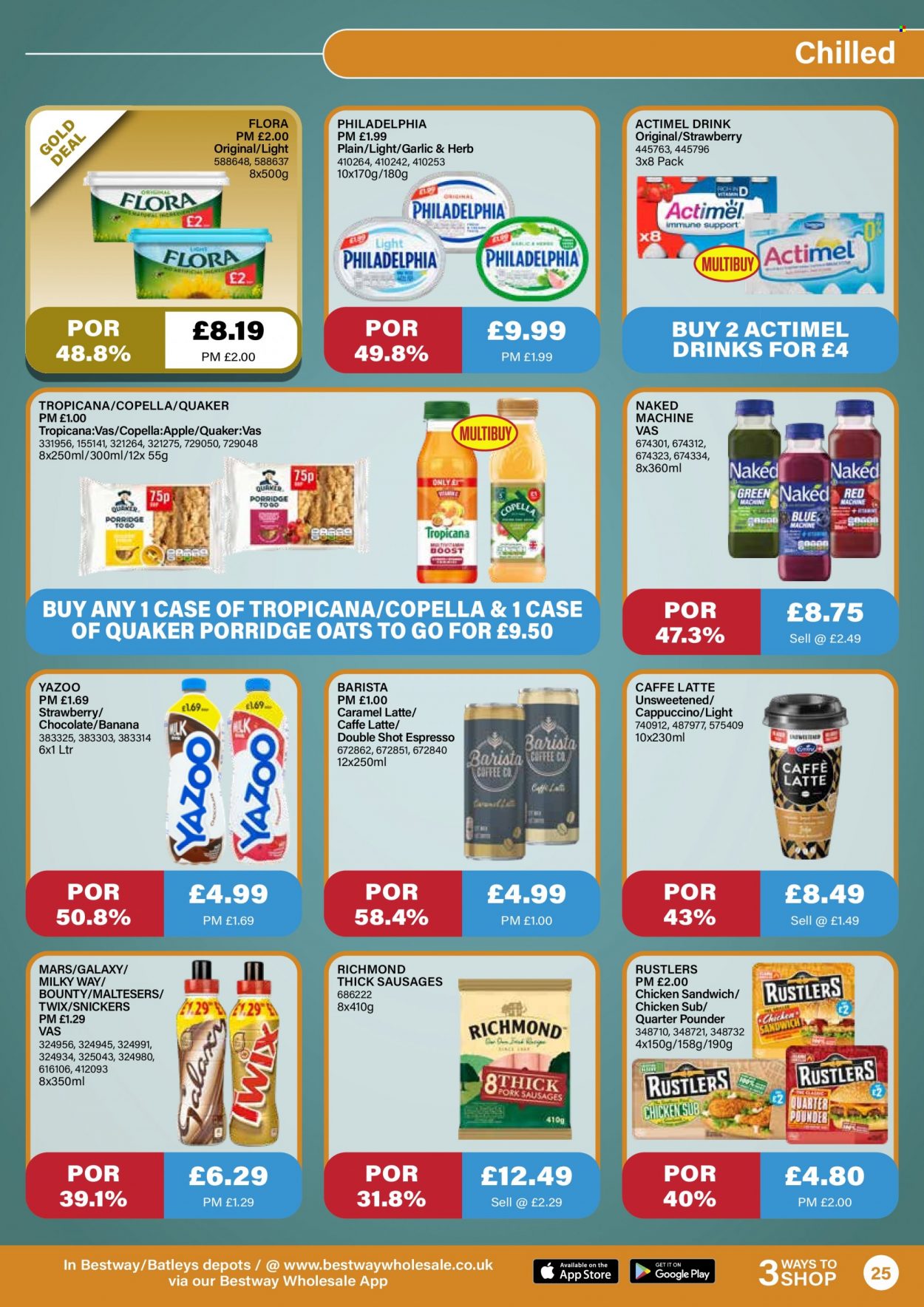thumbnail - Bestway offer  - 10/09/2021 - 07/10/2021 - Sales products - sandwich, Quaker, sausage, Philadelphia, Actimel, Flora, Milky Way, Snickers, Twix, Bounty, Mars, Maltesers, oats, porridge, caramel, Boost, cappuccino, coffee. Page 25.