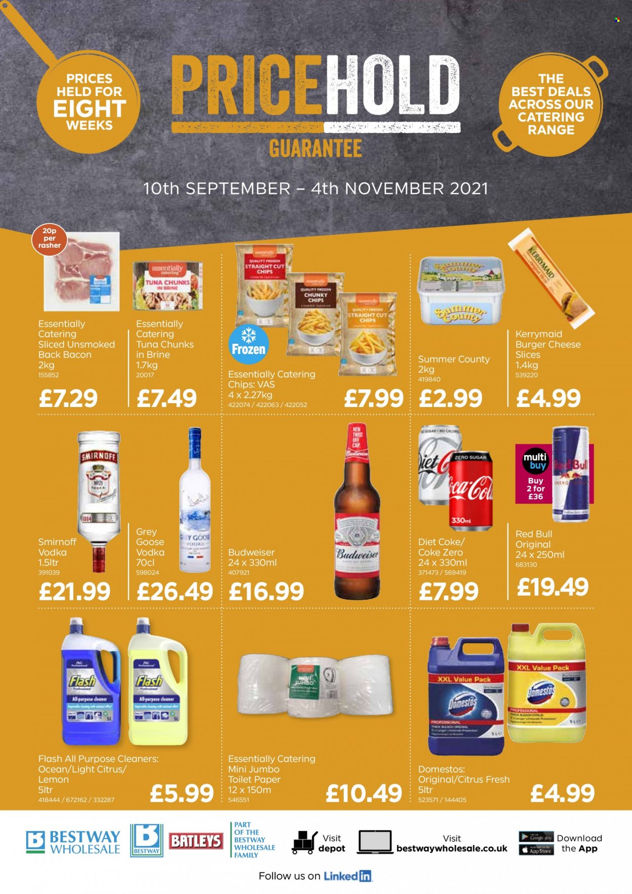 thumbnail - Bestway offer  - 10/09/2021 - 04/11/2021 - Sales products - Budweiser, beer, hamburger, tuna, bacon, sliced cheese, cheese, frozen chips, Coca-Cola, Coca-Cola zero, Diet Coke, Red Bull, Smirnoff, vodka, toilet paper, Domestos. Page 1.