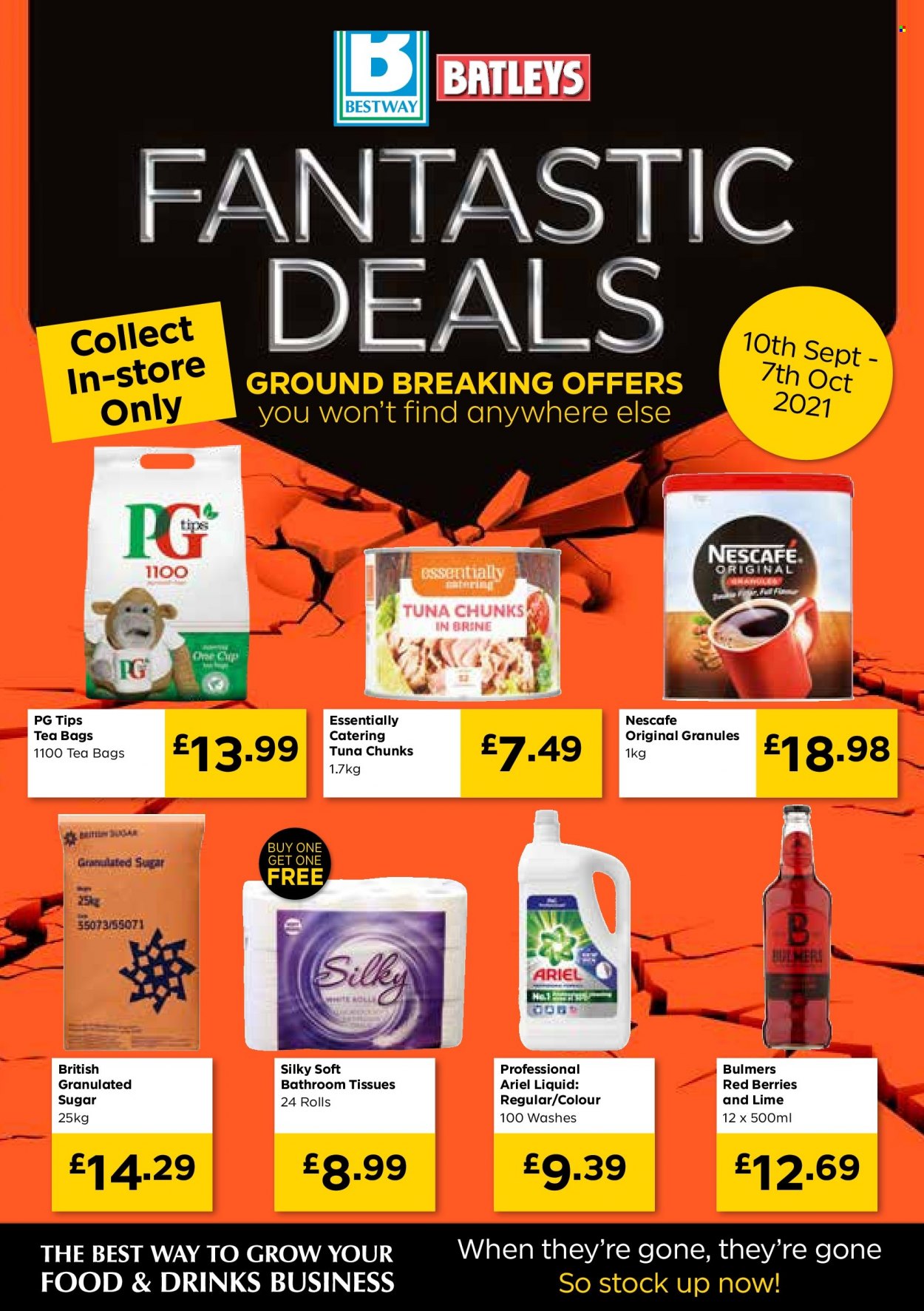 thumbnail - Bestway offer  - 10/09/2021 - 07/10/2021 - Sales products - Bulmers, tuna, granulated sugar, tea bags, Nescafé, toilet paper, tissues, Ariel, cup. Page 1.