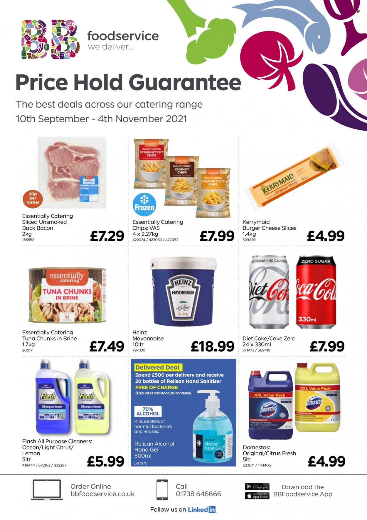thumbnail - Bestway offer  - 10/09/2021 - 04/11/2021 - Sales products - hamburger, tuna, bacon, sliced cheese, cheese, mayonnaise, frozen chips, Heinz, Coca-Cola, Coca-Cola zero, Diet Coke, Domestos, hand gel. Page 1.