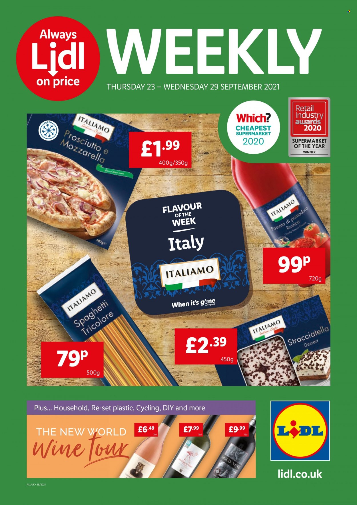 thumbnail - Lidl offer  - 23/09/2021 - 29/09/2021 - Sales products - spaghetti, prosciutto, mozzarella, wine. Page 1.