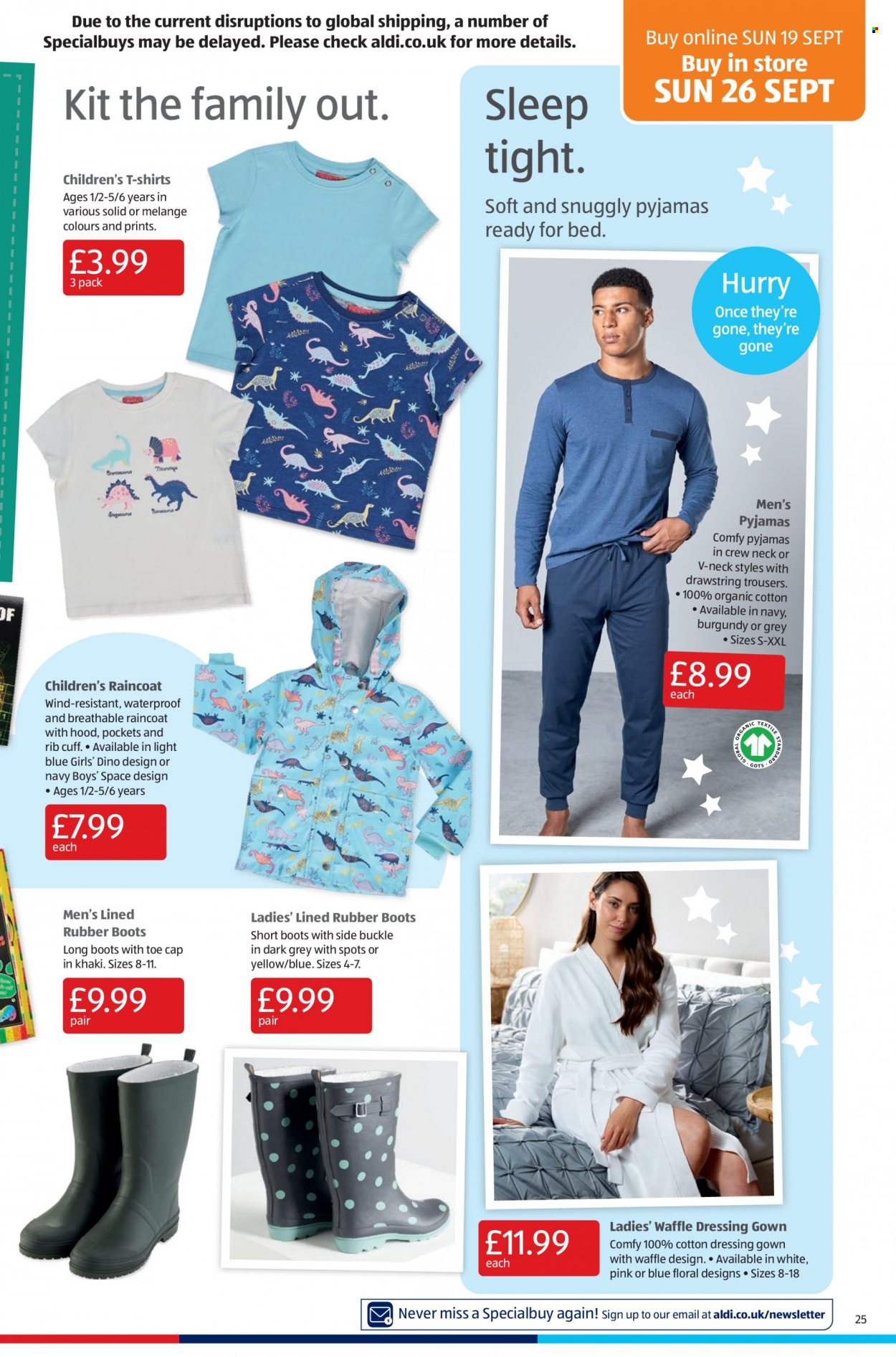thumbnail - Aldi offer  - 19/09/2021 - 26/09/2021 - Sales products - boots, dressing, eraser, bed, trousers, t-shirt, pajamas. Page 25.