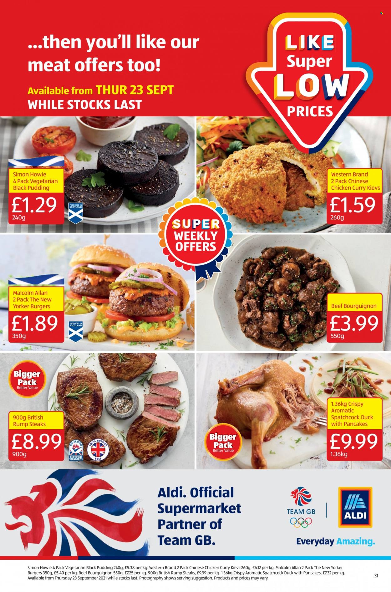 thumbnail - Aldi offer  - 19/09/2021 - 26/09/2021 - Sales products - spatchcock chicken, steak, hamburger, pancakes, black pudding. Page 31.