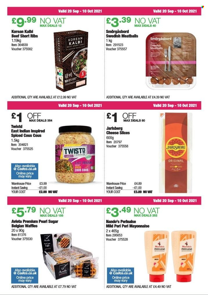 thumbnail - Costco offer  - 20/09/2021 - 10/10/2021 - Sales products - beef ribs, waffles, meatballs, sliced cheese, cheese, Milo, sugar. Page 7.