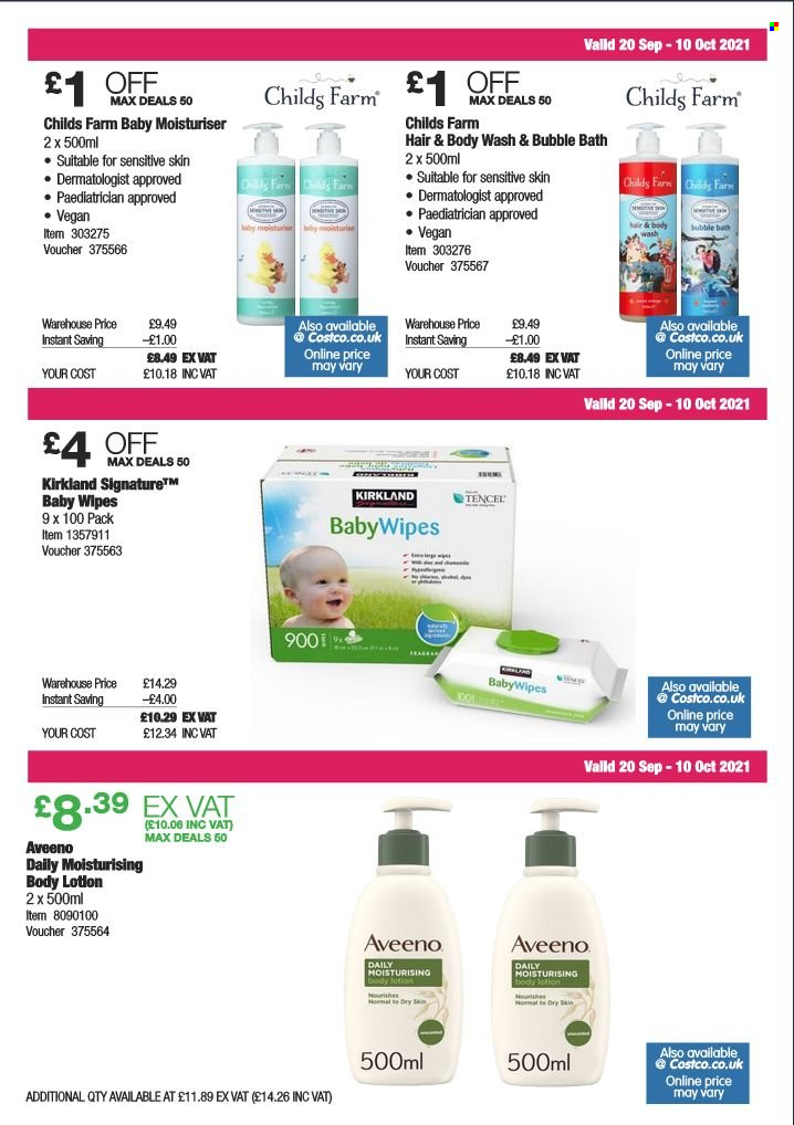 thumbnail - Costco offer  - 20/09/2021 - 10/10/2021 - Sales products - wipes, baby wipes, Aveeno, body wash, bubble bath, hair & body wash, body lotion. Page 17.
