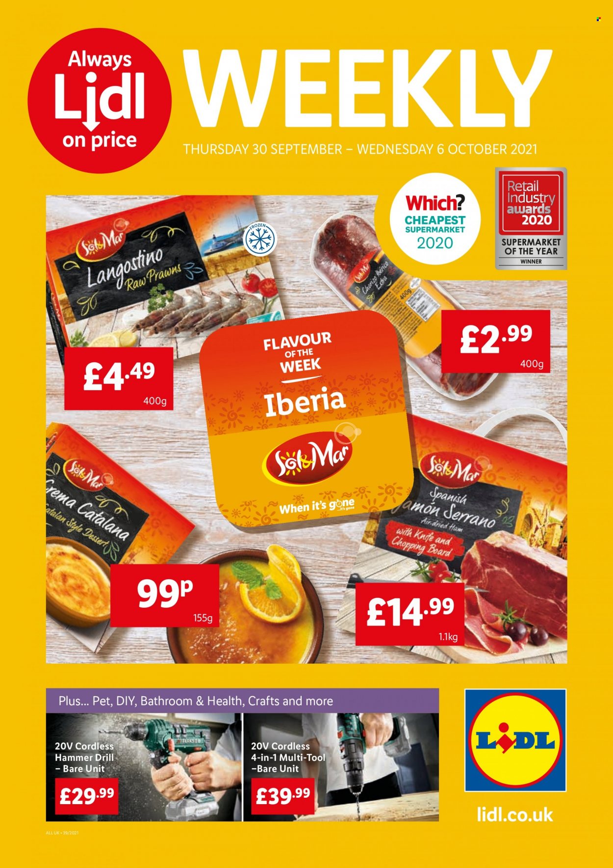 thumbnail - Lidl offer  - 30/09/2021 - 06/10/2021 - Sales products - ham, knife, chopping board, drill. Page 1.