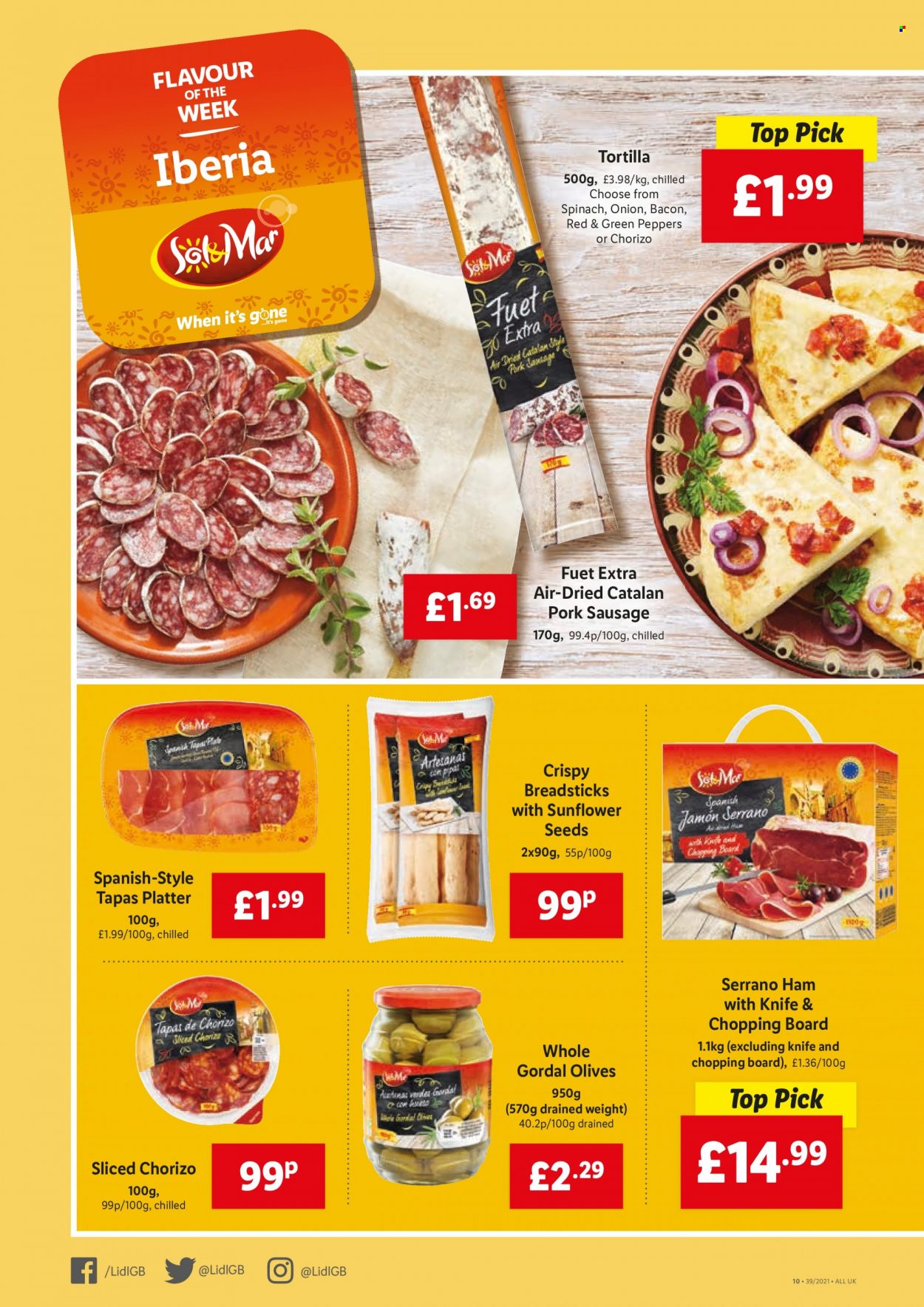 thumbnail - Lidl offer  - 30/09/2021 - 06/10/2021 - Sales products - onion, peppers, tortillas, bacon, ham, chorizo, sausage, pork sausage, bread sticks, olives, knife, chopping board. Page 10.