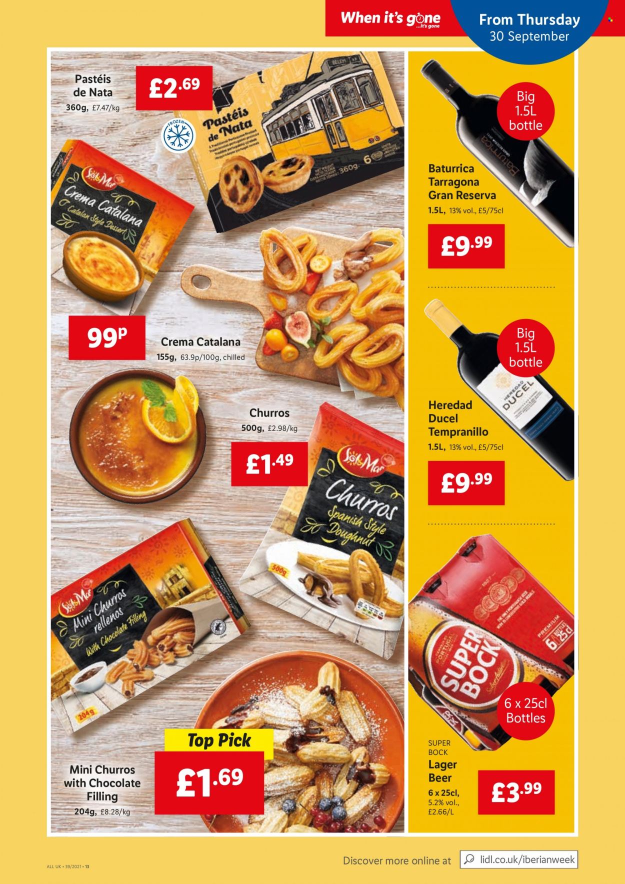 thumbnail - Lidl offer  - 30/09/2021 - 06/10/2021 - Sales products - beer, Lager, chocolate, churros, Tempranillo. Page 13.