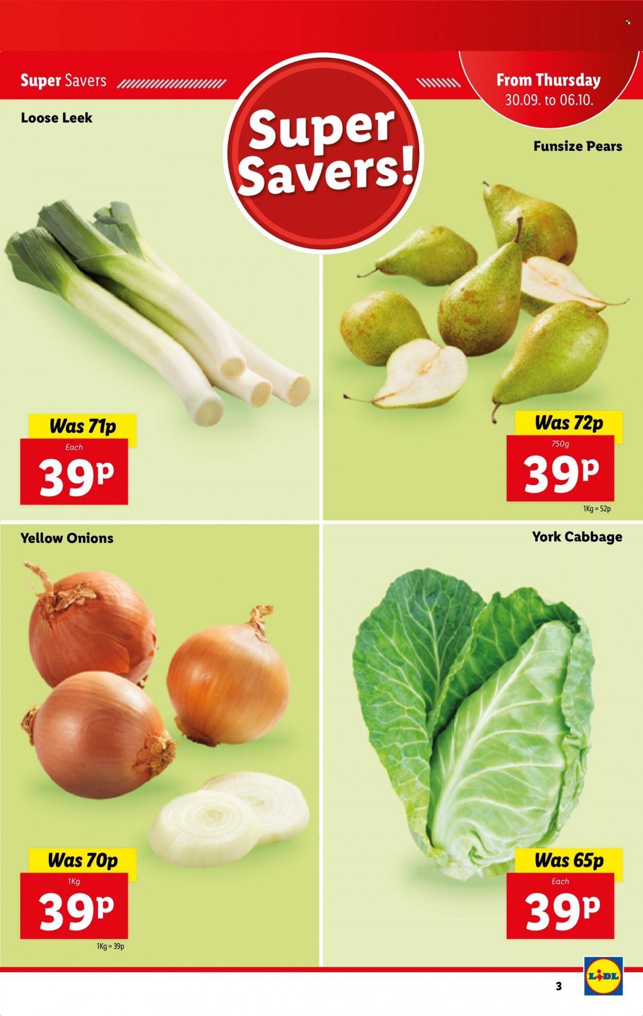thumbnail - Lidl offer  - 30/09/2021 - 06/10/2021 - Sales products - cabbage, leek, onion, pears. Page 3.