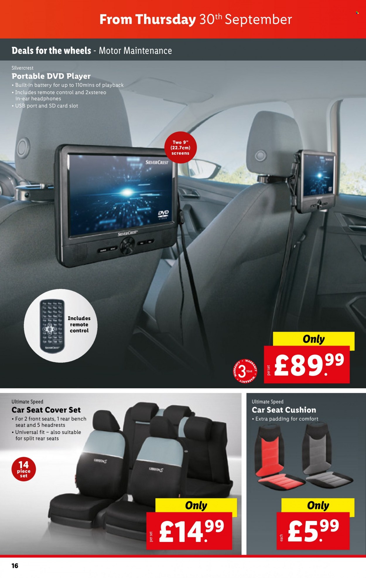 thumbnail - Lidl offer  - 30/09/2021 - 06/10/2021 - Sales products - bench, cushion, SilverCrest, quilt cover set, memory card, headphones, remote control, car seat cover. Page 16.