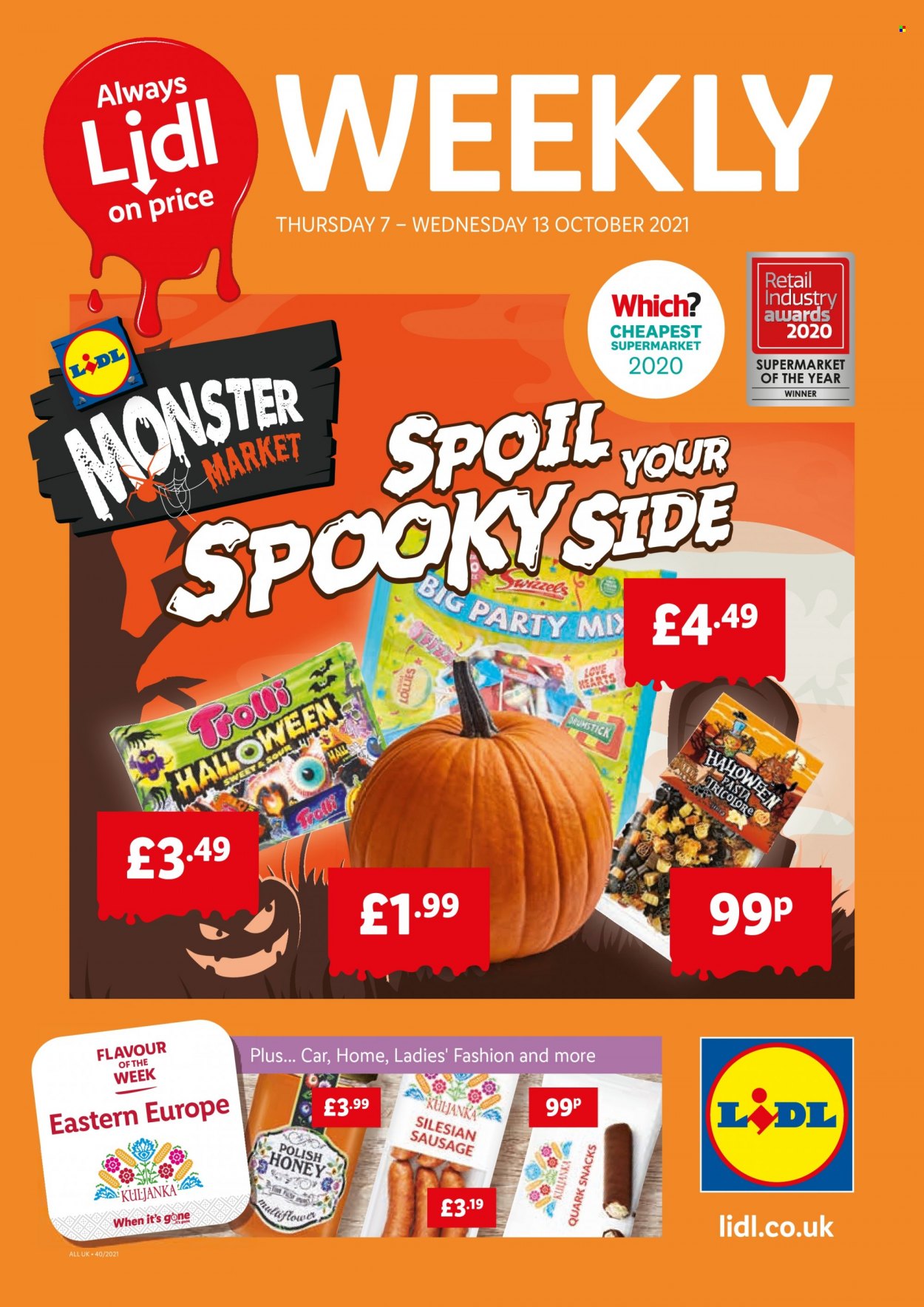 thumbnail - Lidl offer  - 07/10/2021 - 13/10/2021 - Sales products - pasta, sausage, snack, Trolli, honey, Monster, polish. Page 1.
