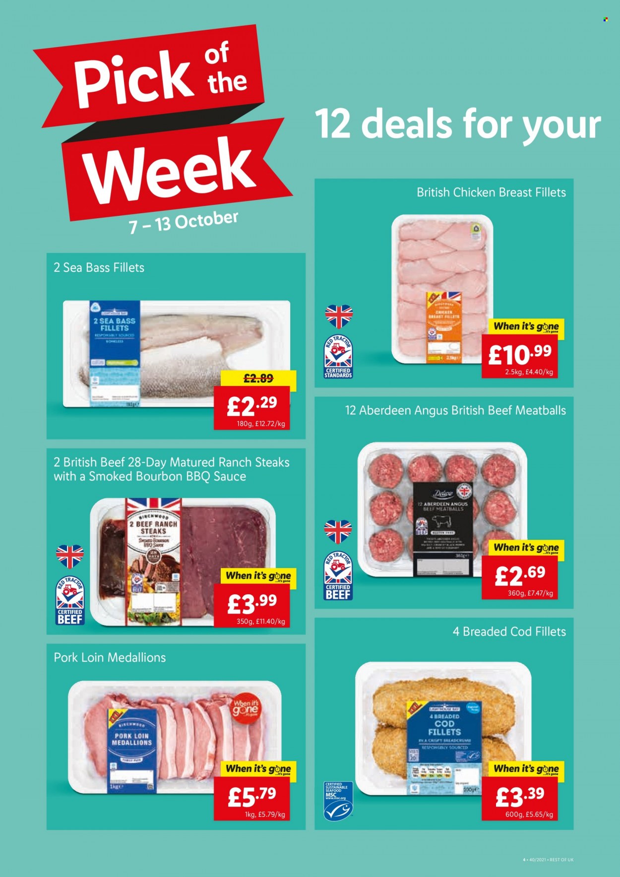 thumbnail - Lidl offer  - 07/10/2021 - 13/10/2021 - Sales products - chicken, beef meat, steak, pork loin, pork meat, cod, sea bass, meatballs, sauce, BBQ sauce. Page 4.