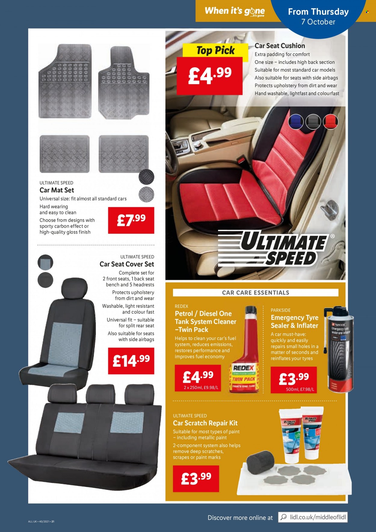 thumbnail - Lidl offer  - 07/10/2021 - 13/10/2021 - Sales products - bench, cushion, cleaner, Finish Quantum Ultimate, quilt cover set, tank, Parkside, car seat cover, tires. Page 21.