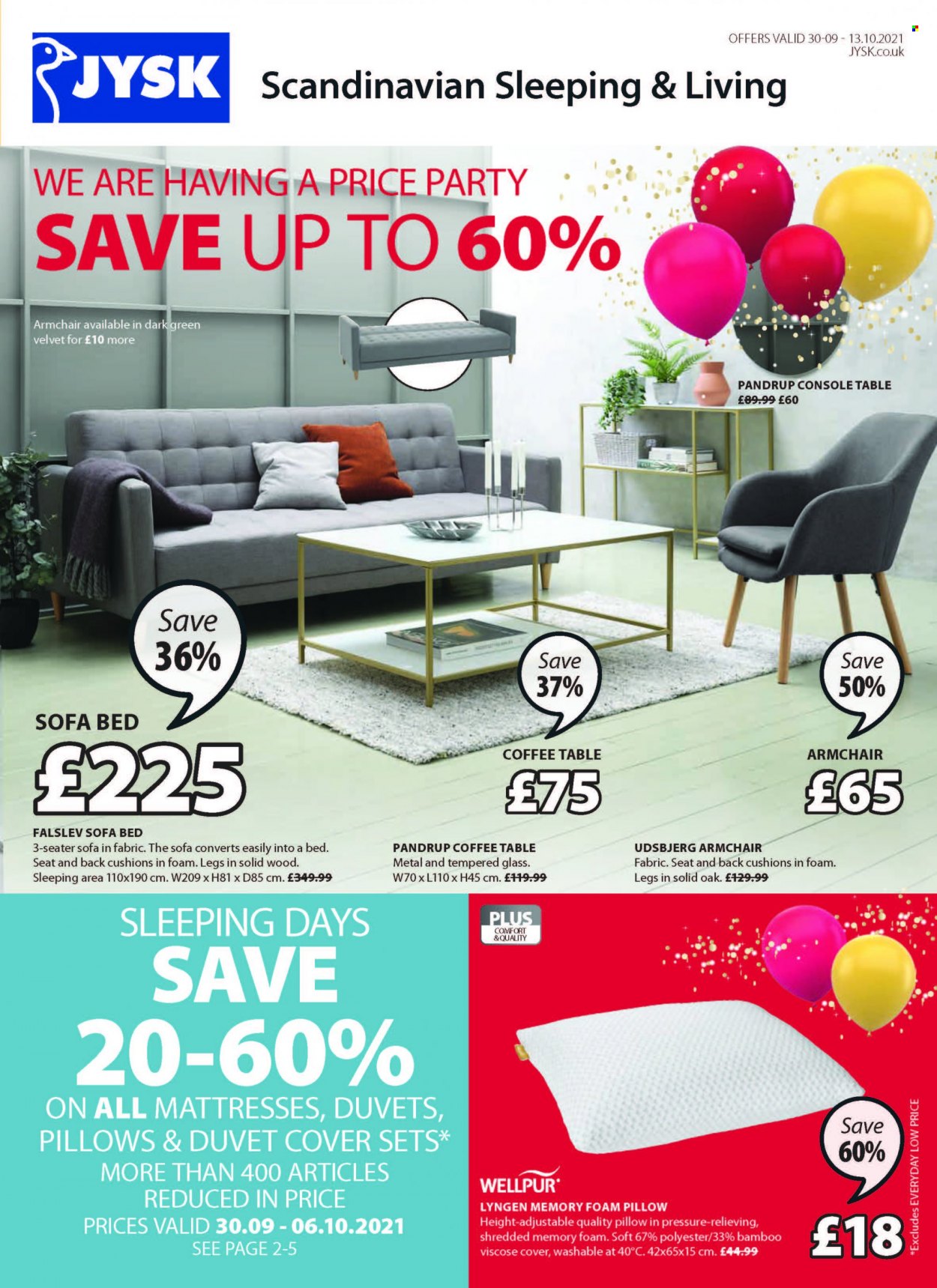 thumbnail - JYSK offer  - 30/09/2021 - 13/10/2021 - Sales products - table, arm chair, sofa, sofa bed, coffee table, bed, mattress, cushion, duvet, pillow, foam pillow. Page 1.