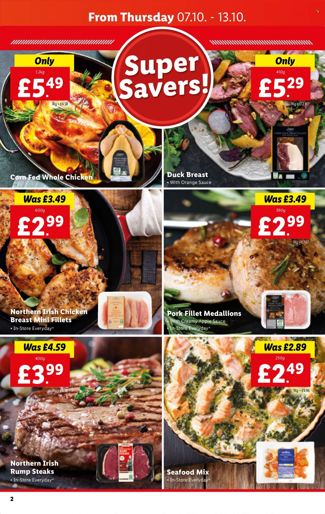 thumbnail - Lidl offer  - 07/10/2021 - 13/10/2021 - Sales products - pears, oranges, whole chicken, chicken, duck meat, duck breasts, steak, pork meat, pork tenderloin, seafood, sauce, apple sauce. Page 2.