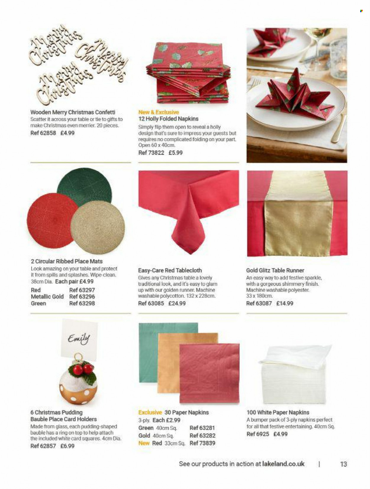thumbnail - Lakeland offer  - Sales products - pudding, napkins, paper, bauble, table runner, tablecloth. Page 13.