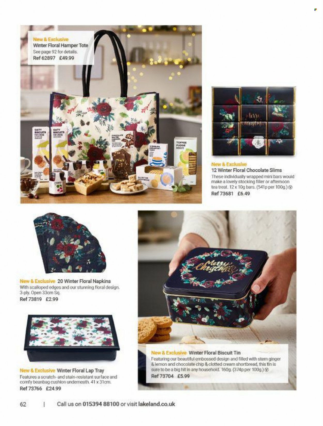 thumbnail - Lakeland offer  - Sales products - biscuit, fudge, chocolate chips, hamper, napkins, cushion, tote. Page 61.