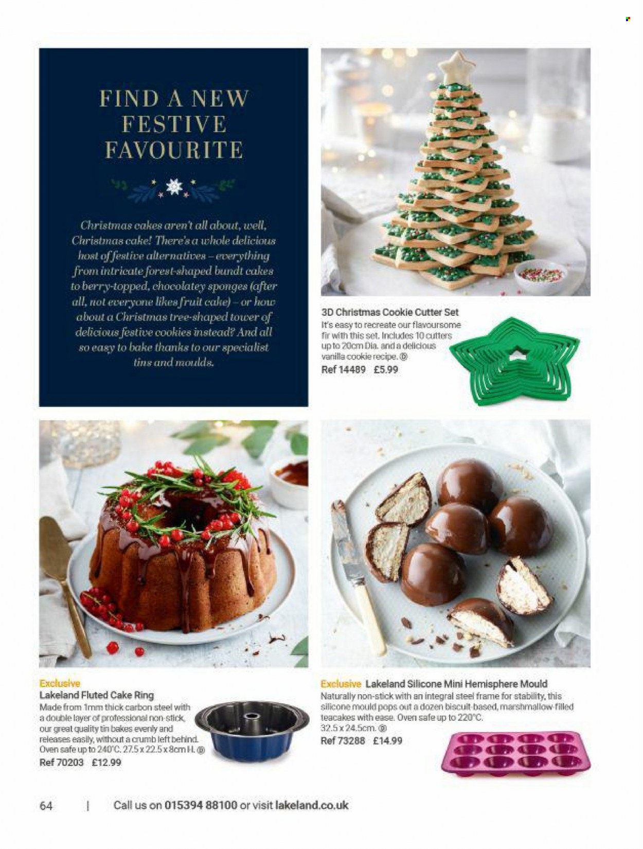 thumbnail - Lakeland offer  - Sales products - bundt, cake, christmas cake, biscuit, cookies, marshmallows, sponge, cake form, cutter, christmas tree. Page 64.