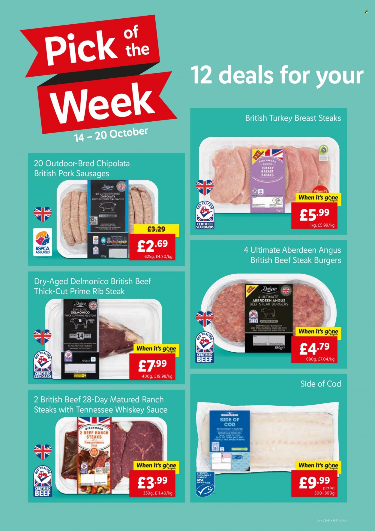 thumbnail - Lidl offer  - 14/10/2021 - 20/10/2021 - Sales products - turkey breast, turkey, beef meat, beef steak, steak, hamburger, cod, seafood, sauce, sausage, Tennessee Whiskey, whiskey, whisky. Page 2.