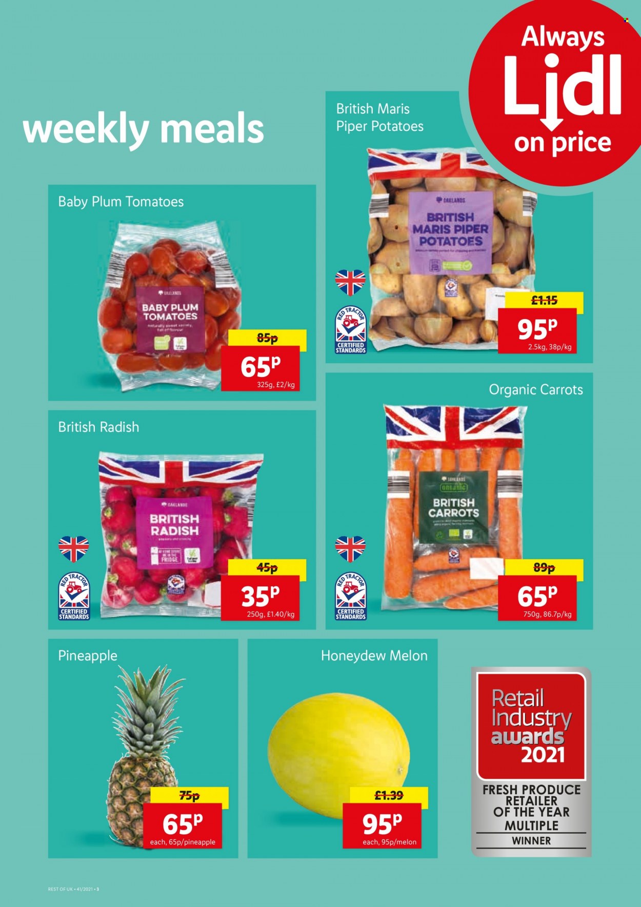 thumbnail - Lidl offer  - 14/10/2021 - 20/10/2021 - Sales products - carrots, radishes, tomatoes, potatoes, honeydew, pineapple, melons. Page 3.