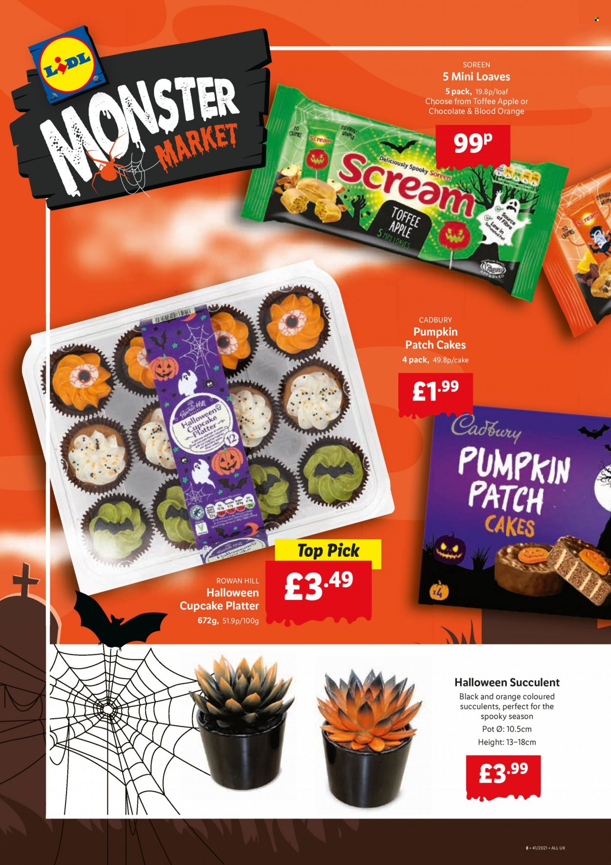 thumbnail - Lidl offer  - 14/10/2021 - 20/10/2021 - Sales products - Halloween, pumpkin, cake, cupcake, chocolate, Cadbury, toffee, Monster, pot, succulent. Page 8.