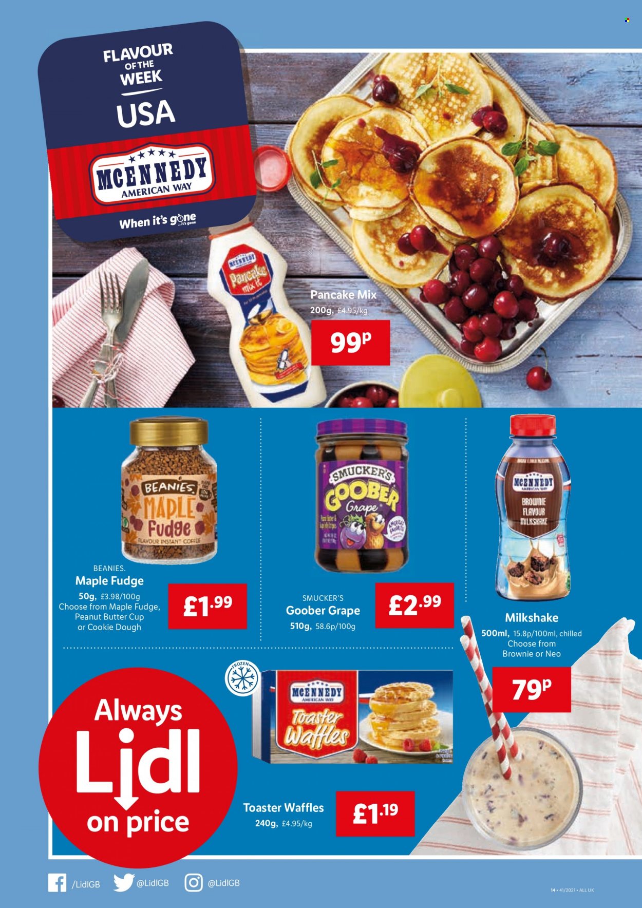 thumbnail - Lidl offer  - 14/10/2021 - 20/10/2021 - Sales products - brownies, waffles, pancakes, milkshake, cookie dough, fudge, peanut butter cups, peanut butter, cup, toaster, beanie. Page 14.