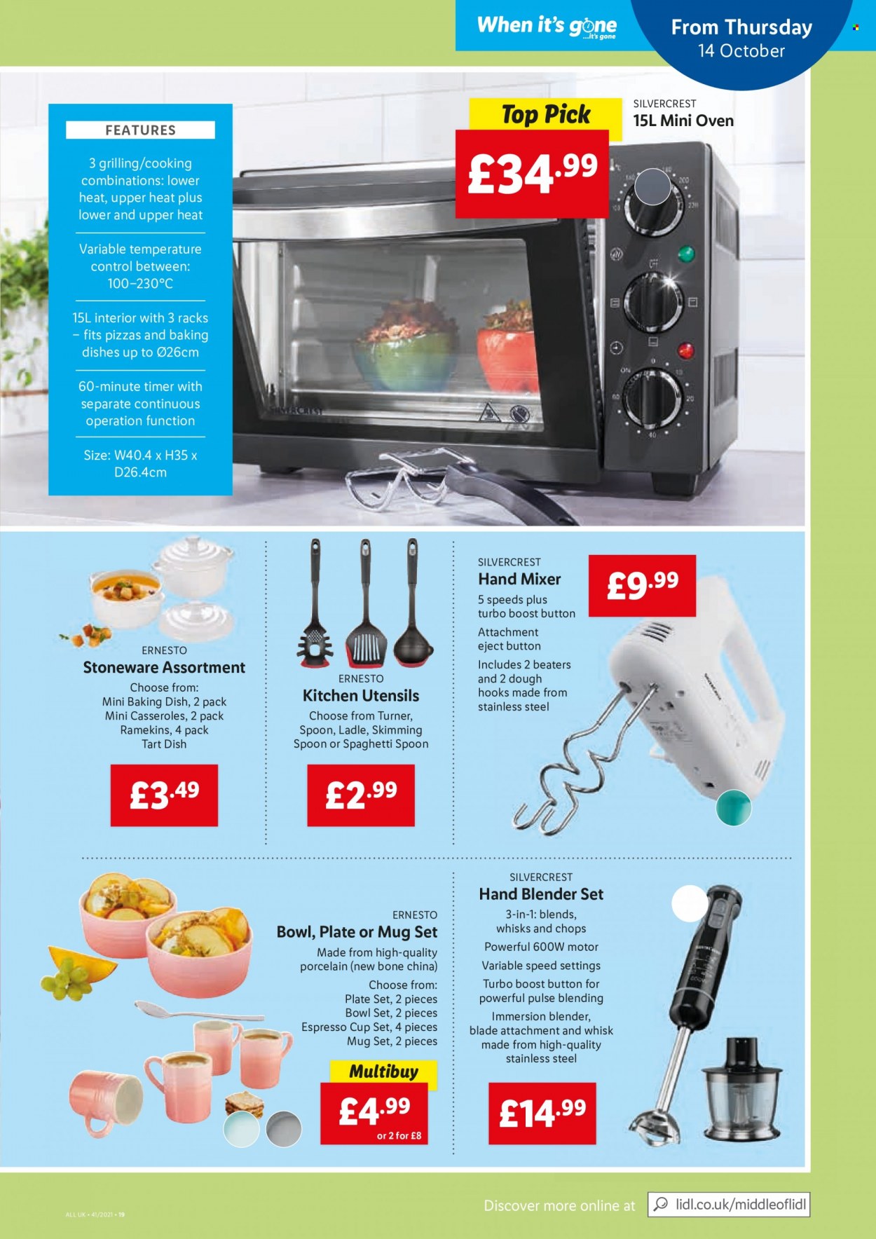thumbnail - Lidl offer  - 14/10/2021 - 20/10/2021 - Sales products - SilverCrest, tart, pizza, Boost, Ernesto, mug, spoon, utensils, plate, cup, bowl set, bowl, stoneware, mixer, hand mixer, hand blender. Page 19.