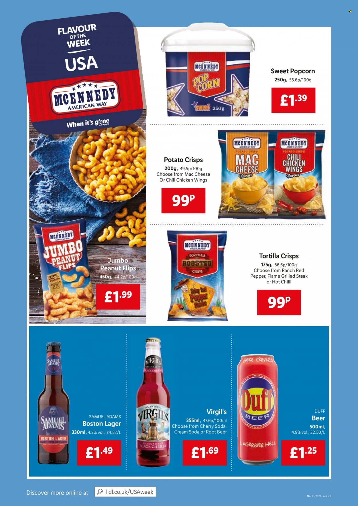 thumbnail - Lidl offer  - 14/10/2021 - 20/10/2021 - Sales products - beer, Lager, cherries, chicken wings, steak, tortillas, cheese, potato crisps, chips, popcorn. Page 8.