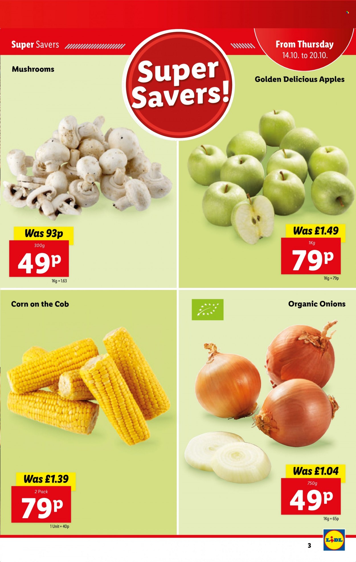 thumbnail - Lidl offer  - 14/10/2021 - 20/10/2021 - Sales products - mushrooms, corn, onion, Golden Delicious. Page 3.