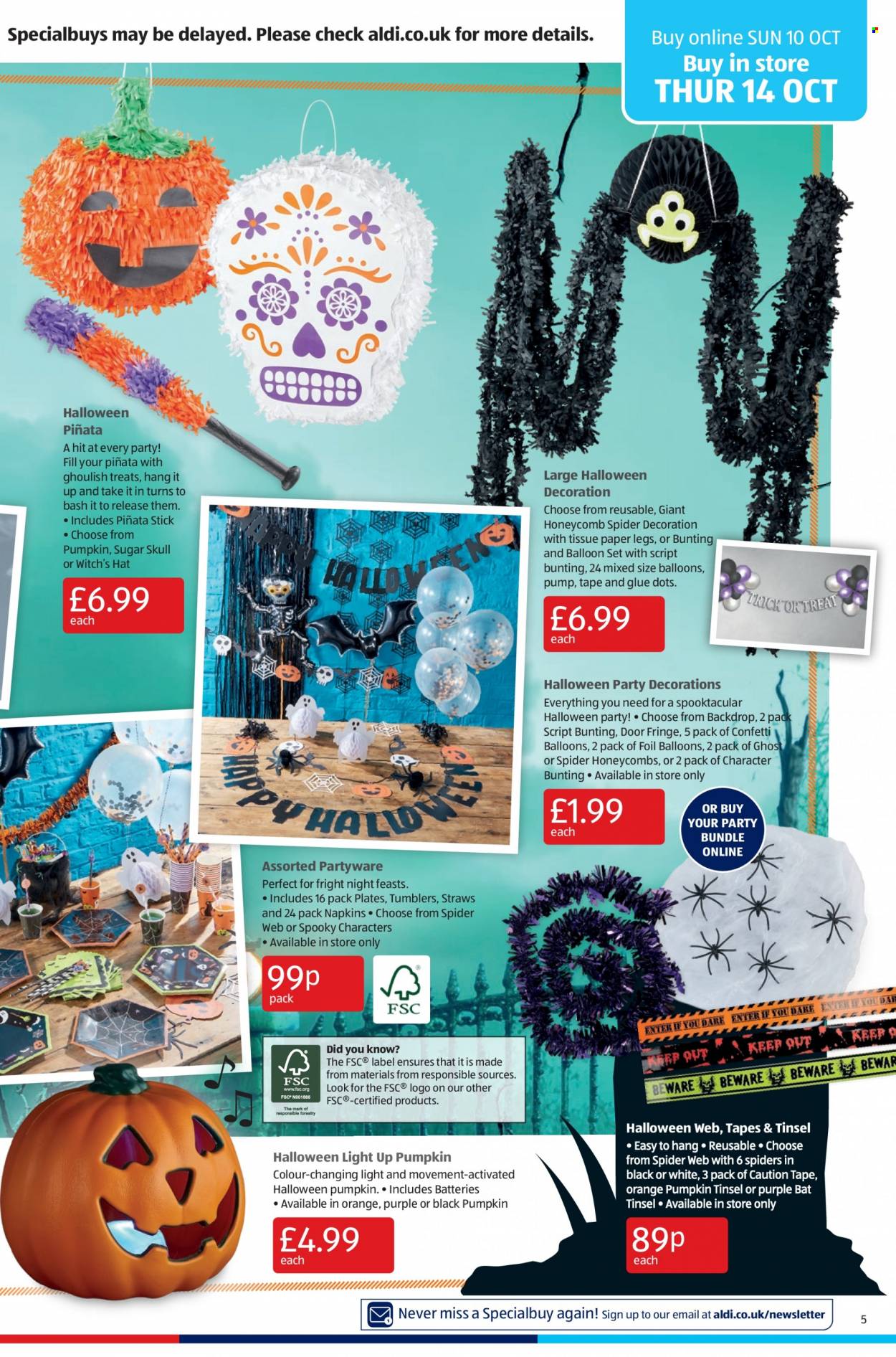 thumbnail - Aldi offer  - 10/10/2021 - 17/10/2021 - Sales products - sugar, napkins, toilet paper, tissues, tumbler, plate, straw, glue, paper, balloons, Halloween, hat, pump. Page 5.