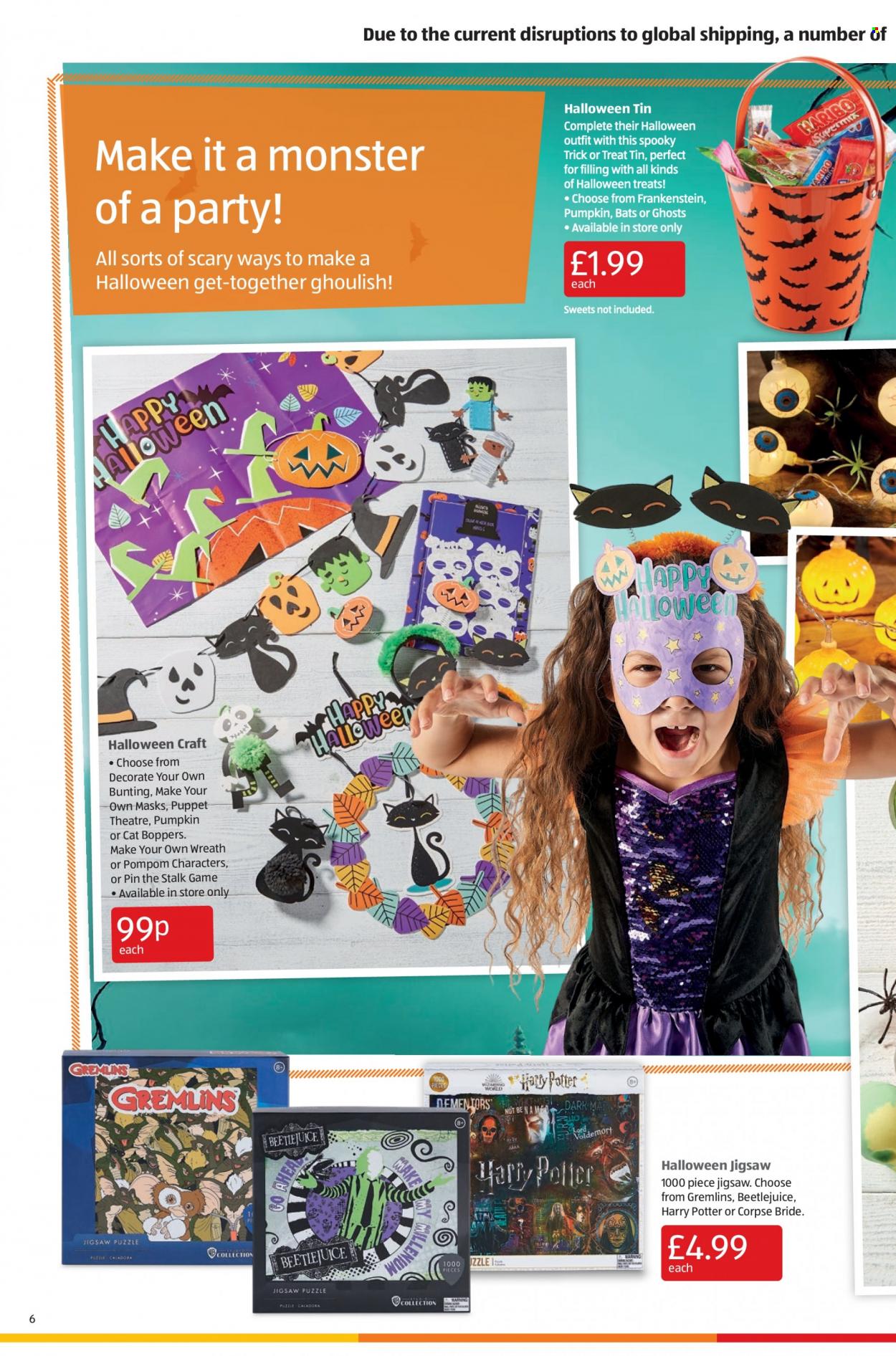 thumbnail - Aldi offer  - 10/10/2021 - 17/10/2021 - Sales products - Monster, Harry Potter, pin, wreath, Halloween. Page 6.