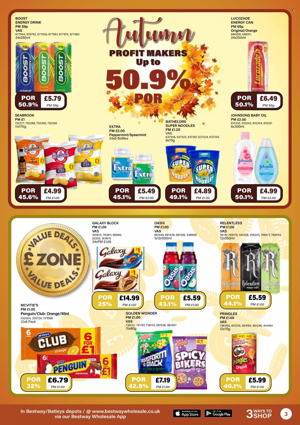thumbnail - Bestway offer  - 08/10/2021 - 04/11/2021 - Sales products - noodles, snack, Pringles, oil, energy drink, Lucozade, Johnson's, baby oil. Page 3.
