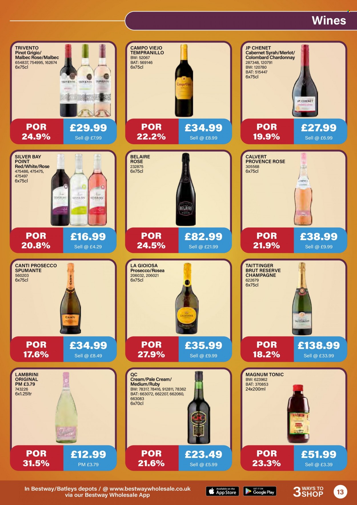 thumbnail - Bestway offer  - 08/10/2021 - 04/11/2021 - Sales products - Magnum, tonic, Cabernet Sauvignon, red wine, spumante, white wine, champagne, prosecco, Chardonnay, wine, Merlot, Campo Viejo, Syrah, Tempranillo, Pinot Grigio, rosé wine. Page 13.