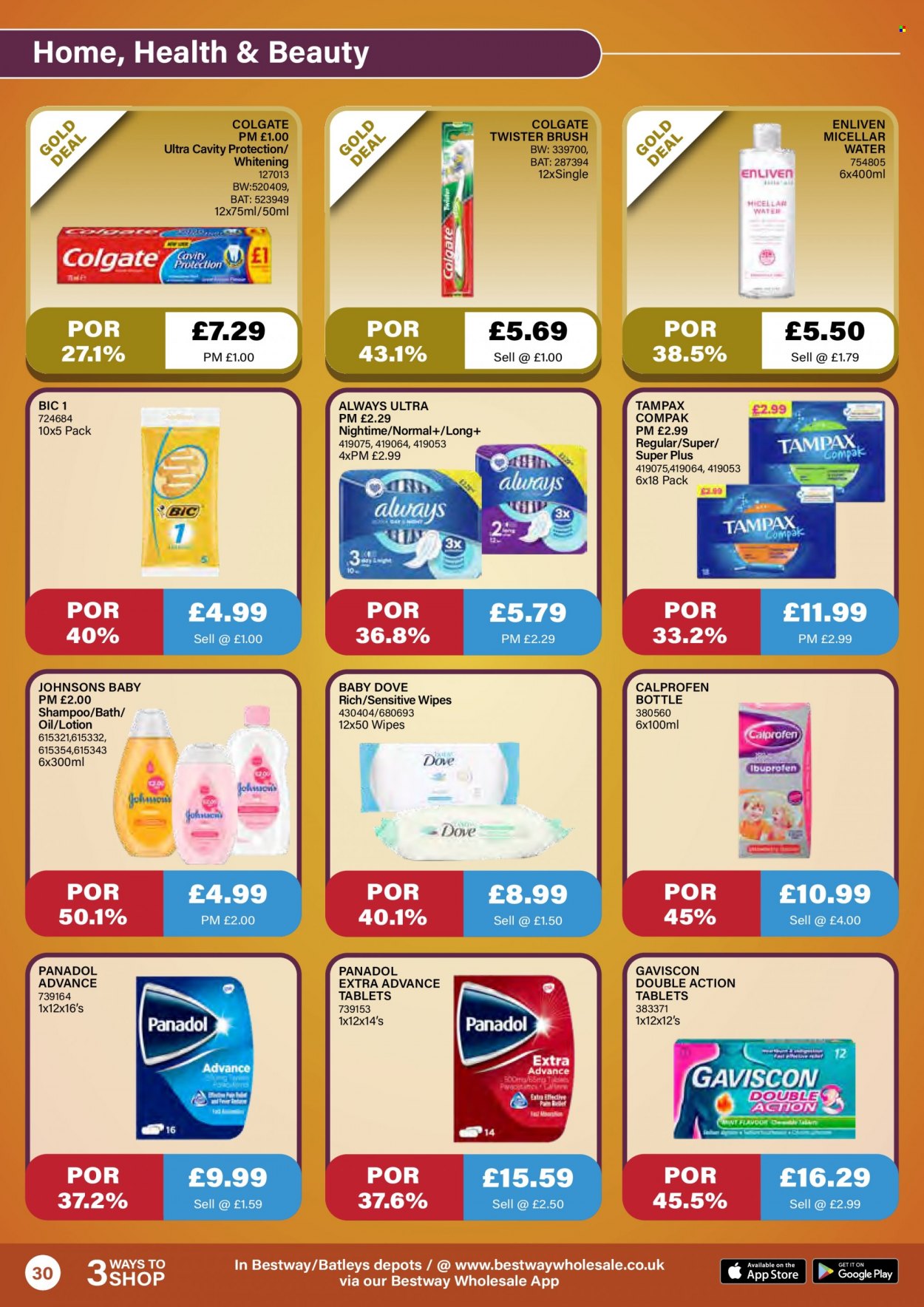 thumbnail - Bestway offer  - 08/10/2021 - 04/11/2021 - Sales products - oil, wipes, Johnson's, Dove, shampoo, Enliven, Colgate, Tampax, micellar water, body lotion, BIC, brush, Gaviscon. Page 30.