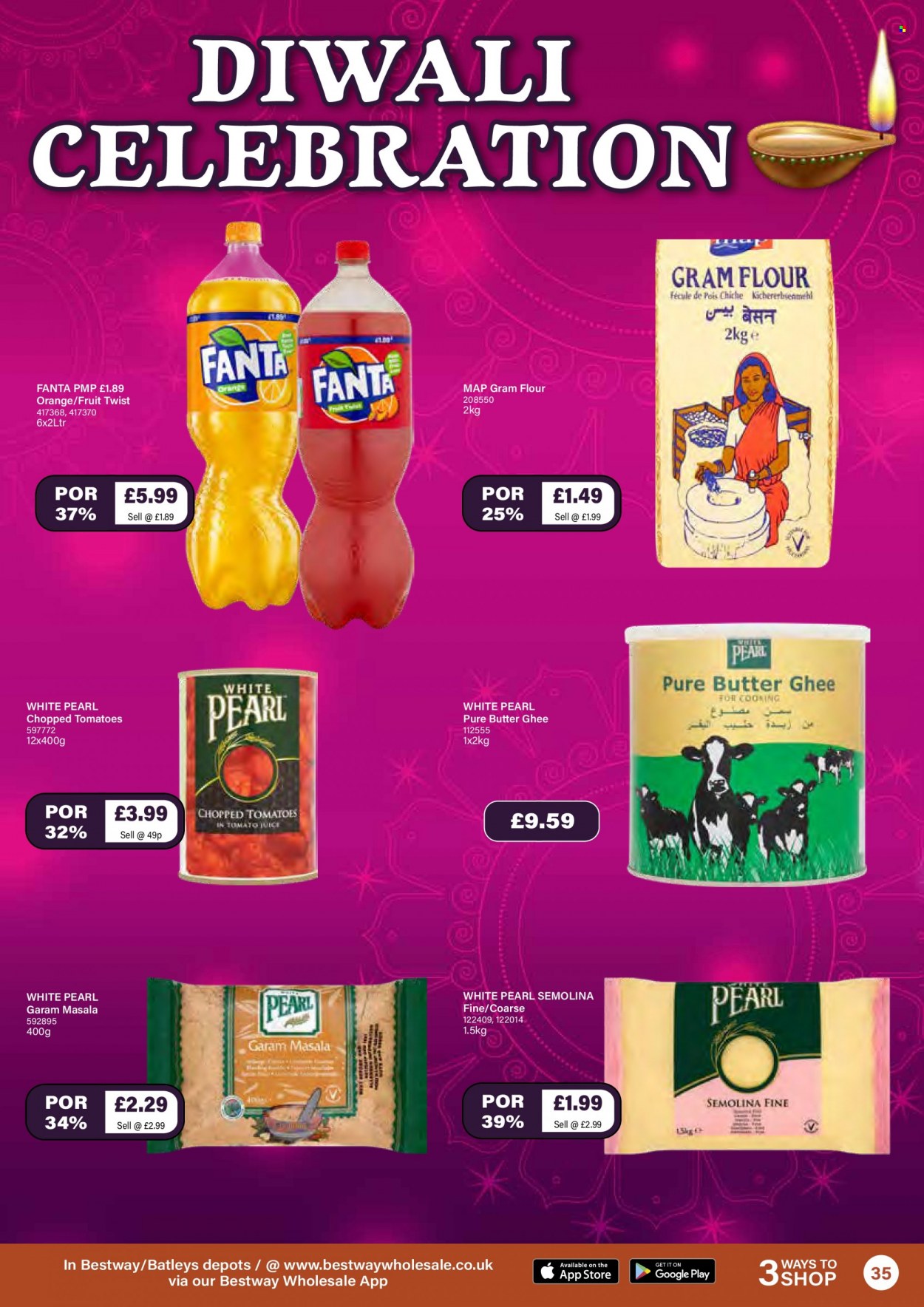 thumbnail - Bestway offer  - 08/10/2021 - 04/11/2021 - Sales products - tomatoes, oranges, butter, ghee, Celebration, flour, gram flour, semolina, chopped tomatoes, tomato juice, Fanta. Page 35.