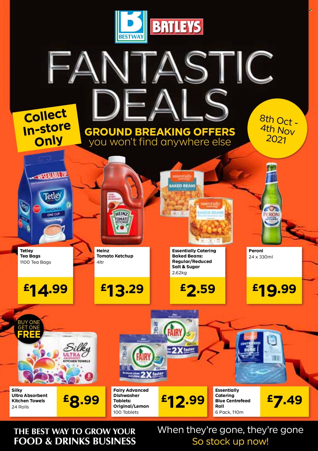 thumbnail - Bestway offer  - 08/10/2021 - 04/11/2021 - Sales products - Peroni, beans, Heinz, baked beans, ketchup, tea bags, kitchen towels, Fairy, cup. Page 1.