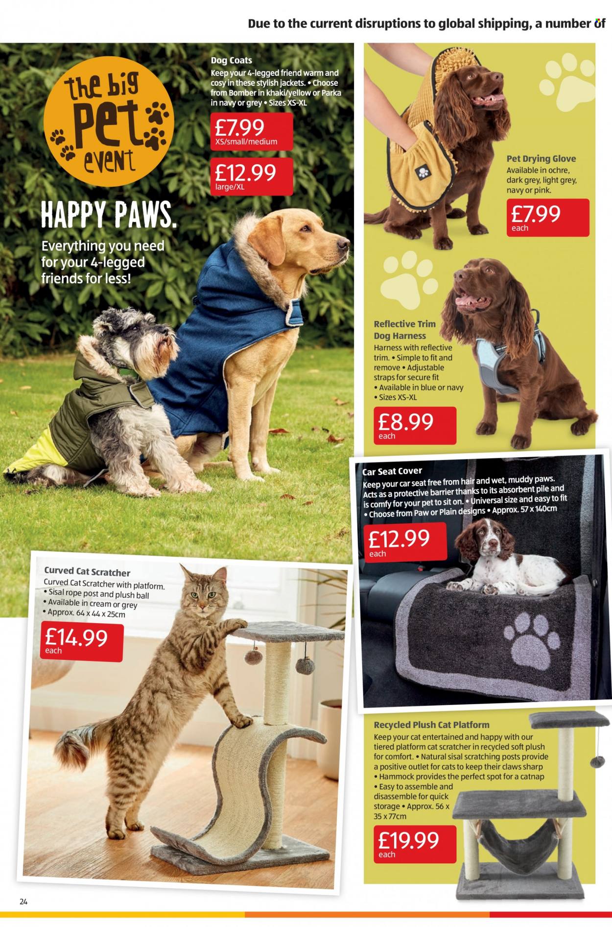 thumbnail - Aldi offer  - 10/10/2021 - 17/10/2021 - Sales products - gloves, Sharp, cat scratcher, Paws, dog harness, coat, jacket, parka, hammock. Page 24.