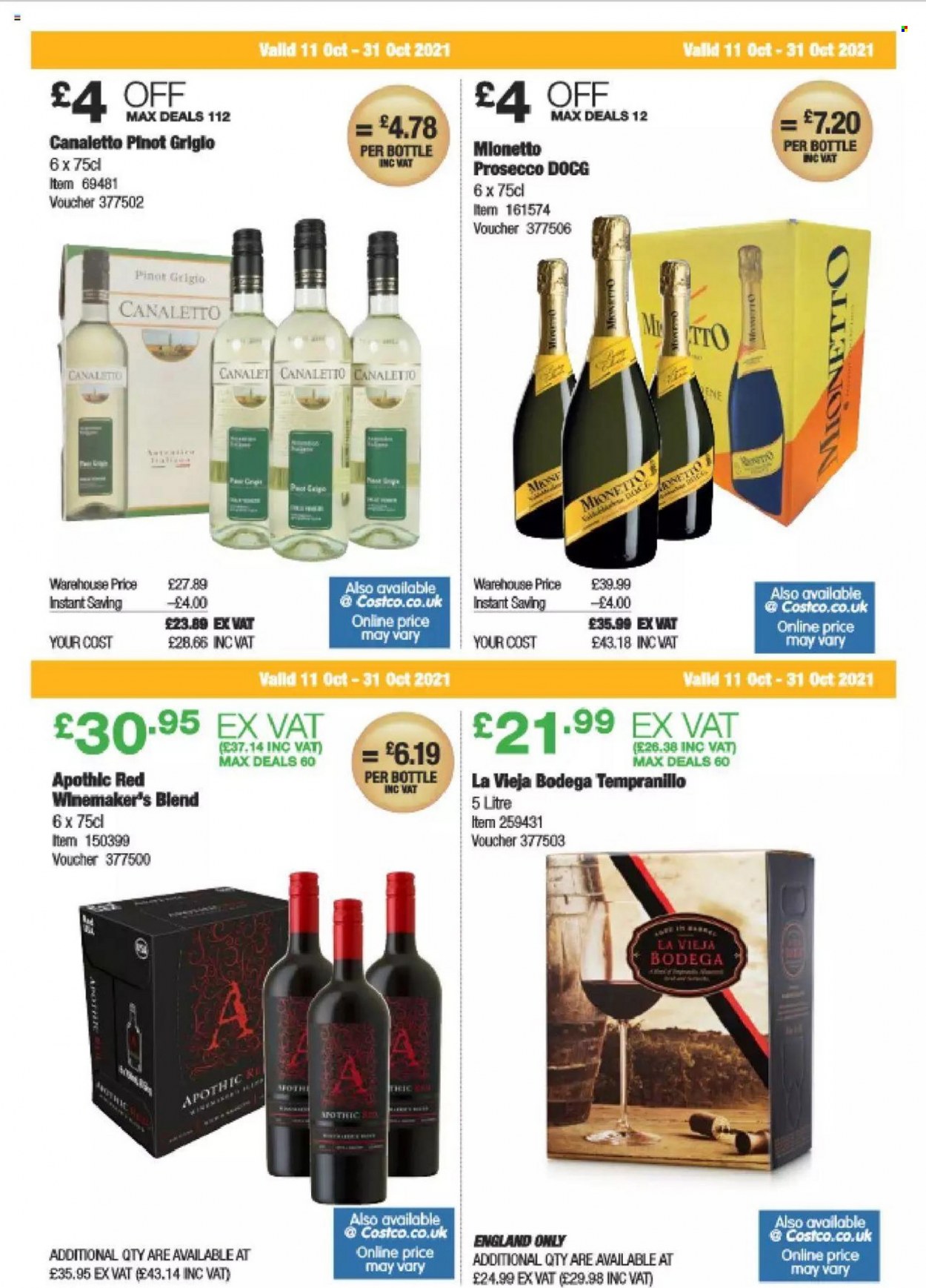 thumbnail - Costco offer  - 11/10/2021 - 31/10/2021 - Sales products - white wine, prosecco, wine, Tempranillo, Pinot Grigio. Page 17.