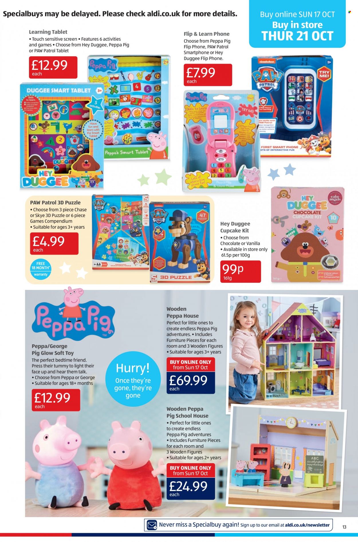thumbnail - Aldi offer  - 17/10/2021 - 24/10/2021 - Sales products - cupcake, Paw Patrol, chocolate, Peppa Pig, toys, puzzle. Page 13.