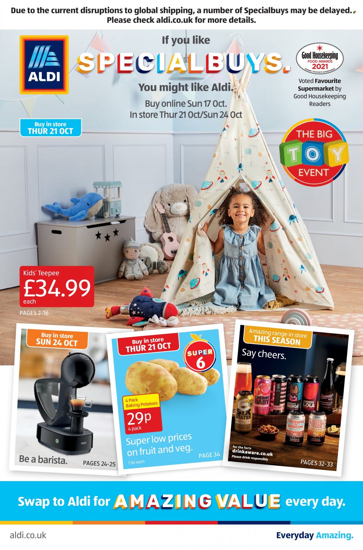 thumbnail - Aldi offer  - 17/10/2021 - 24/10/2021 - Sales products - IPA, potatoes, cherries, milk, toys. Page 1.