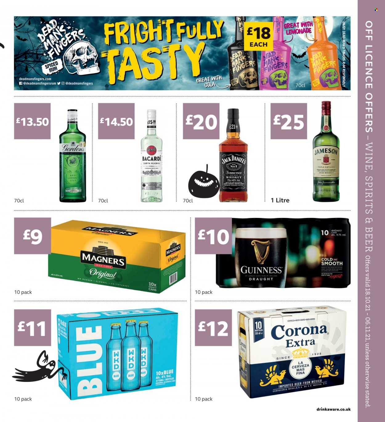 thumbnail - SuperValu offer  - 18/10/2021 - 06/11/2021 - Sales products - Corona Extra, beer, Guinness, Modelo, Jack Daniel's, coffee, wine, Bacardi, spiced rum, whiskey, irish whiskey, Jameson, rum, whisky, cider. Page 11.