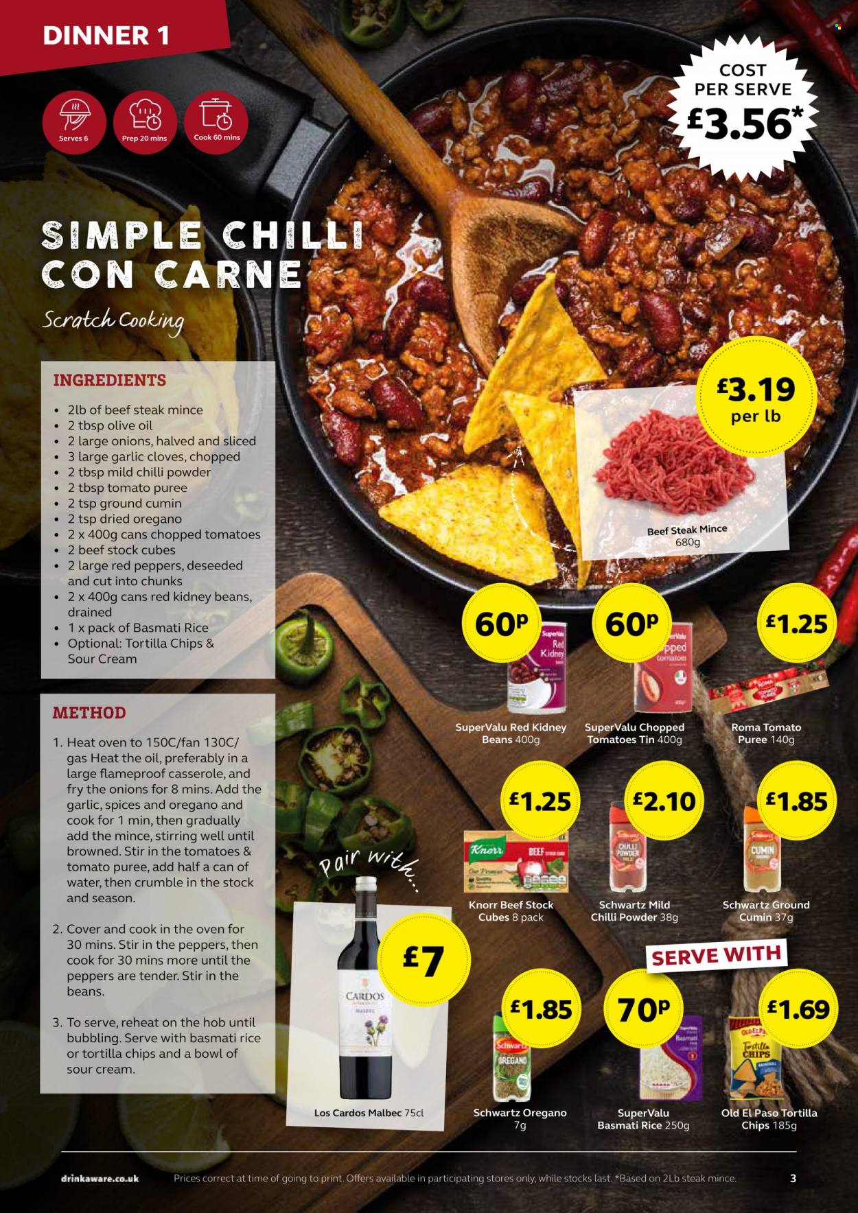 thumbnail - SuperValu offer  - Sales products - garlic, tomatoes, red peppers, beef meat, beef steak, steak, Old El Paso, Knorr, sour cream, tortilla chips, chips, tomato sauce, kidney beans, tomato puree, chopped tomatoes, cloves, cumin, chilli powder, wine, casserole. Page 3.