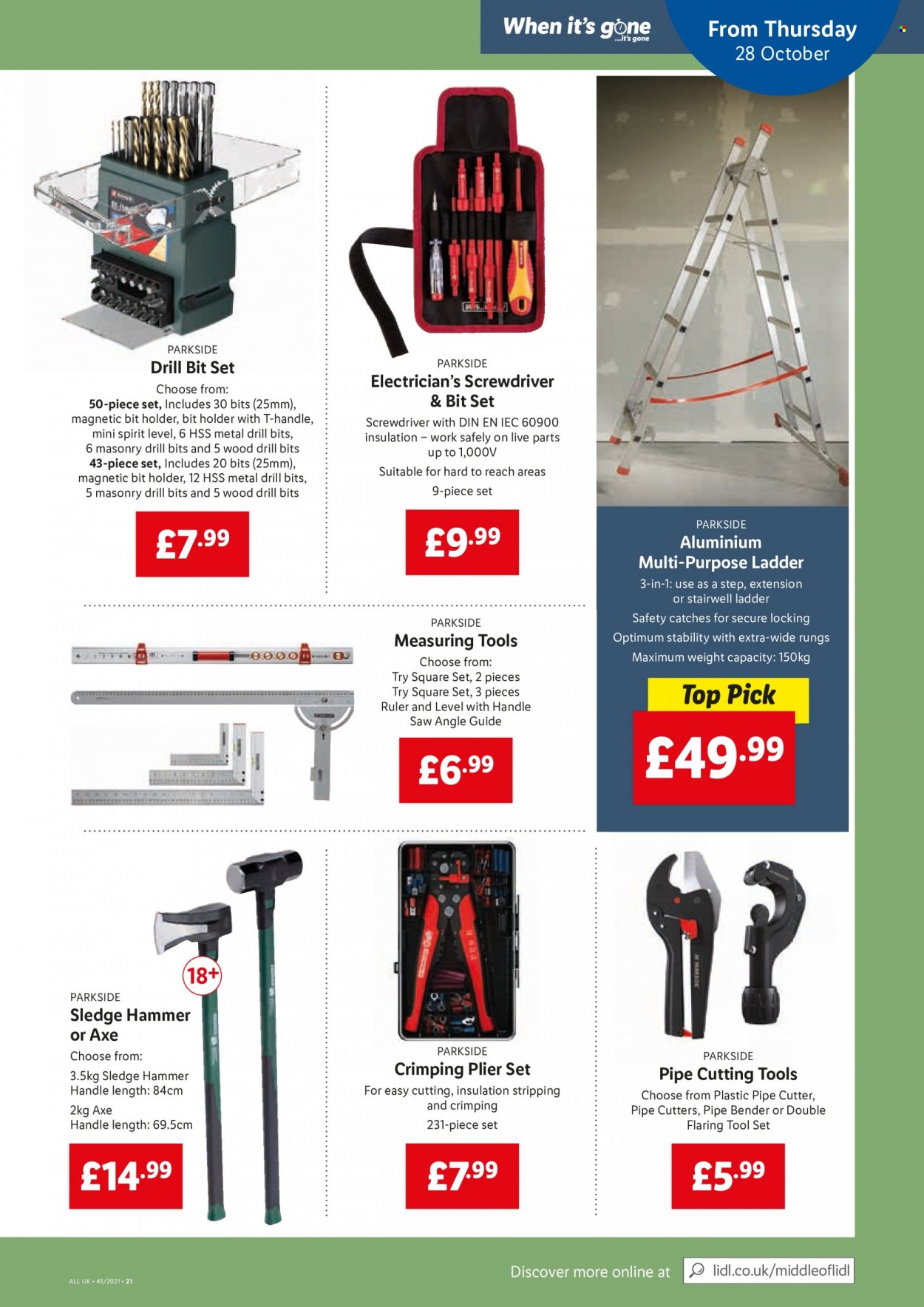 thumbnail - Lidl offer  - 28/10/2021 - 03/11/2021 - Sales products - ruler, cutter, Optimum, hammer, ladder, Parkside, screwdriver, drill bit set, saw, pliers, tool set. Page 19.