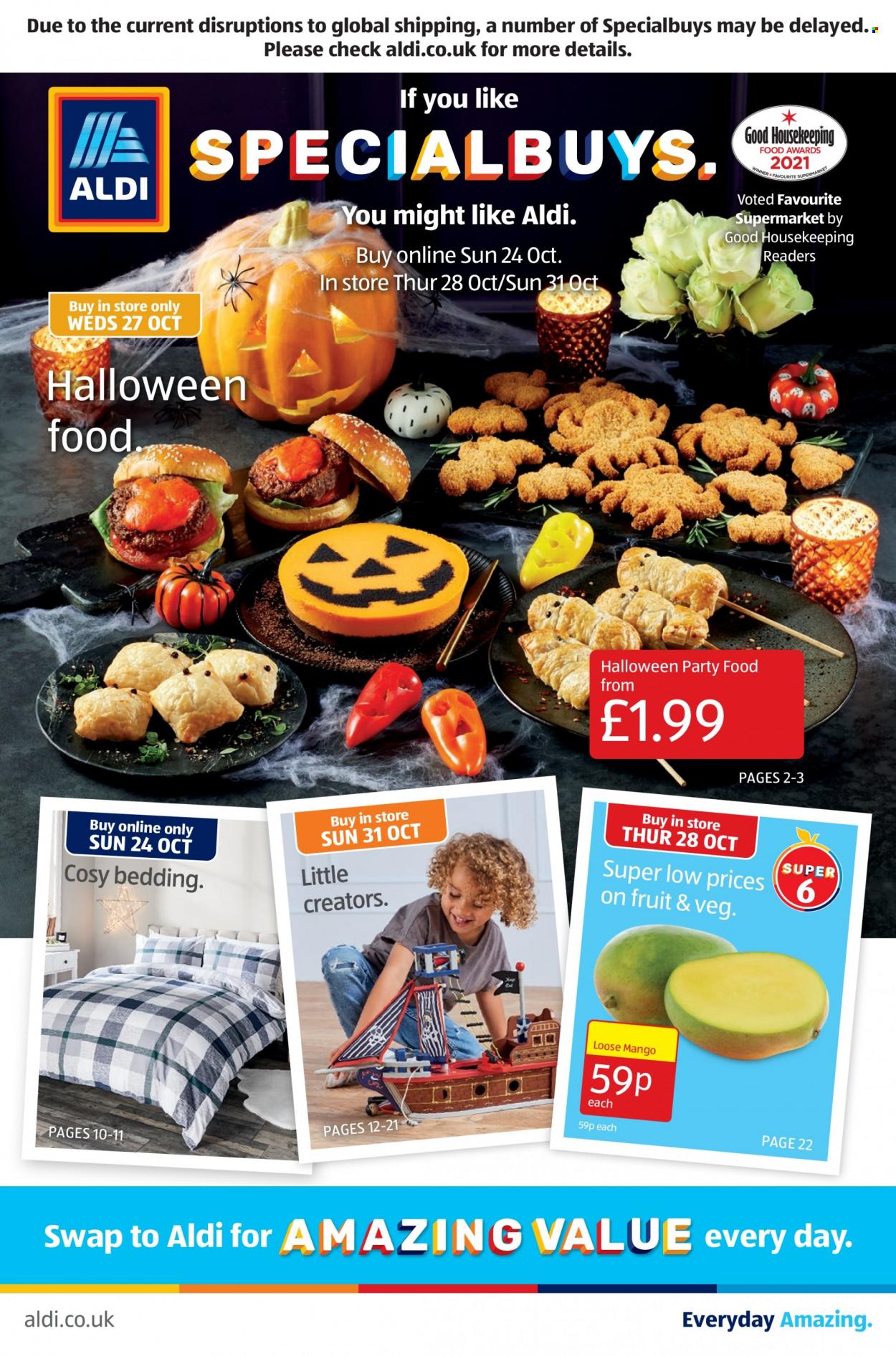 thumbnail - Aldi offer  - 24/10/2021 - 31/10/2021 - Sales products - mango, bedding, Halloween. Page 1.