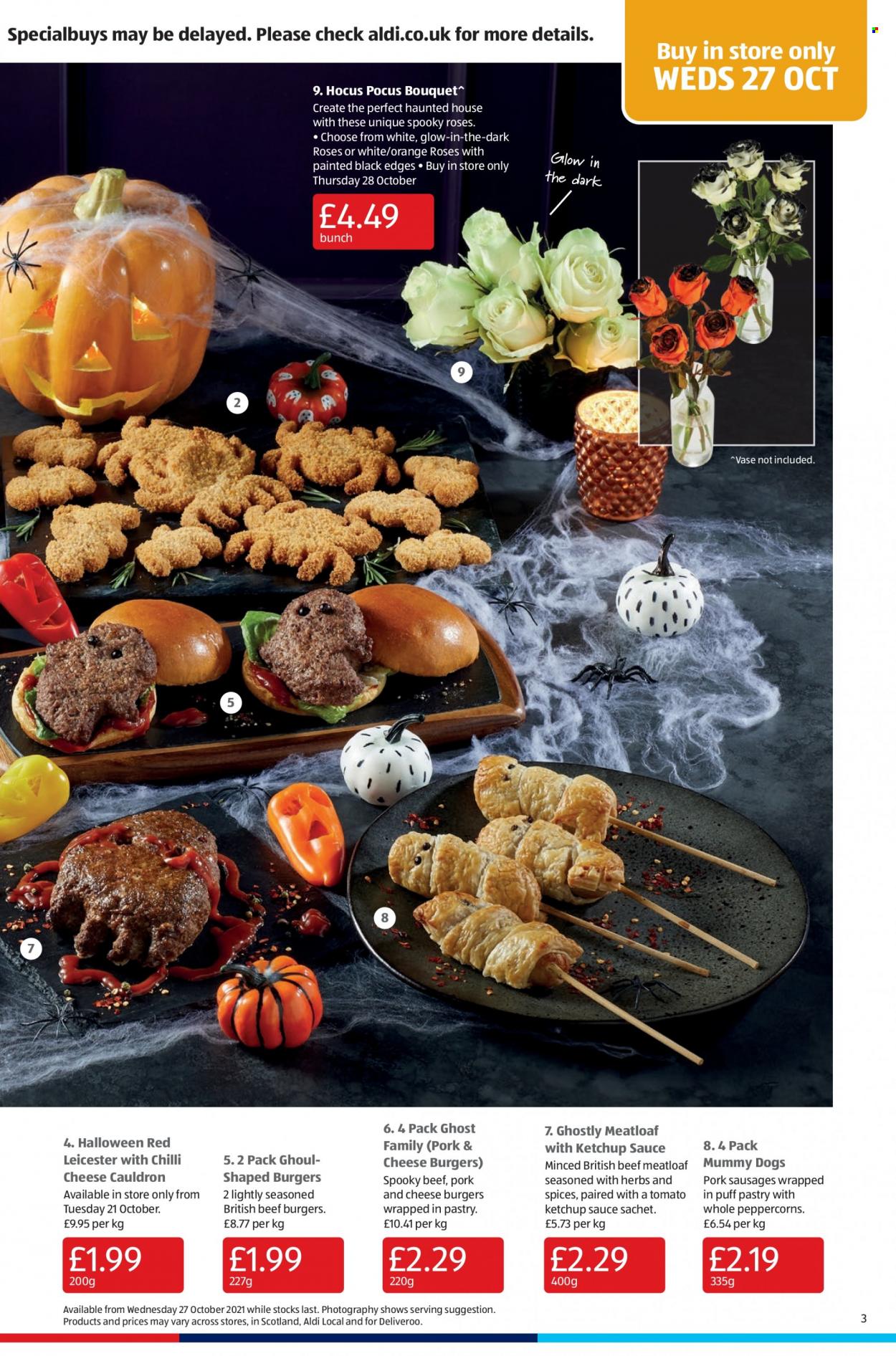 thumbnail - Aldi offer  - 24/10/2021 - 31/10/2021 - Sales products - oranges, hamburger, meatloaf, sauce, beef burger, sausage, Red Leicester, ketchup, vase, Halloween, bouquet, rose. Page 3.