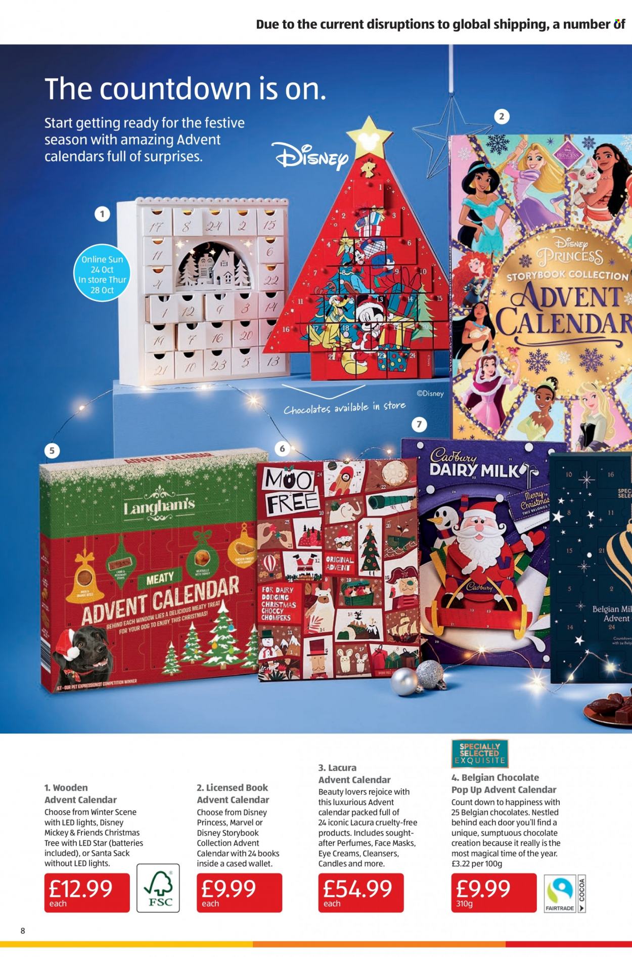 thumbnail - Aldi offer  - 24/10/2021 - 31/10/2021 - Sales products - advent calendar, Mickey Mouse, chocolate, Santa, face mask, calendar, candle, book, LED star, christmas tree, wallet, princess, LED light. Page 8.